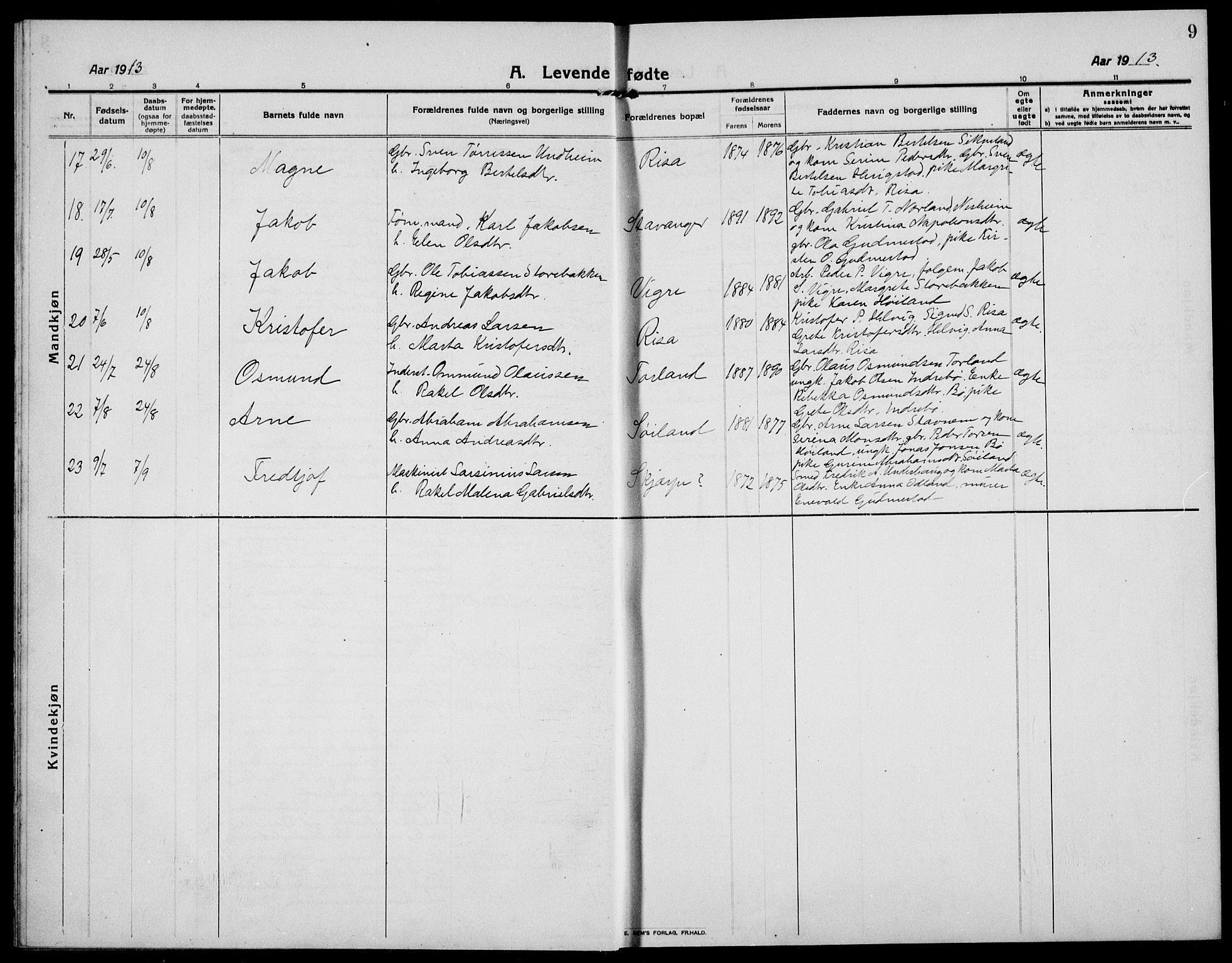 Hå sokneprestkontor, AV/SAST-A-101801/001/30BB/L0007: Parish register (copy) no. B 7, 1912-1939, p. 9