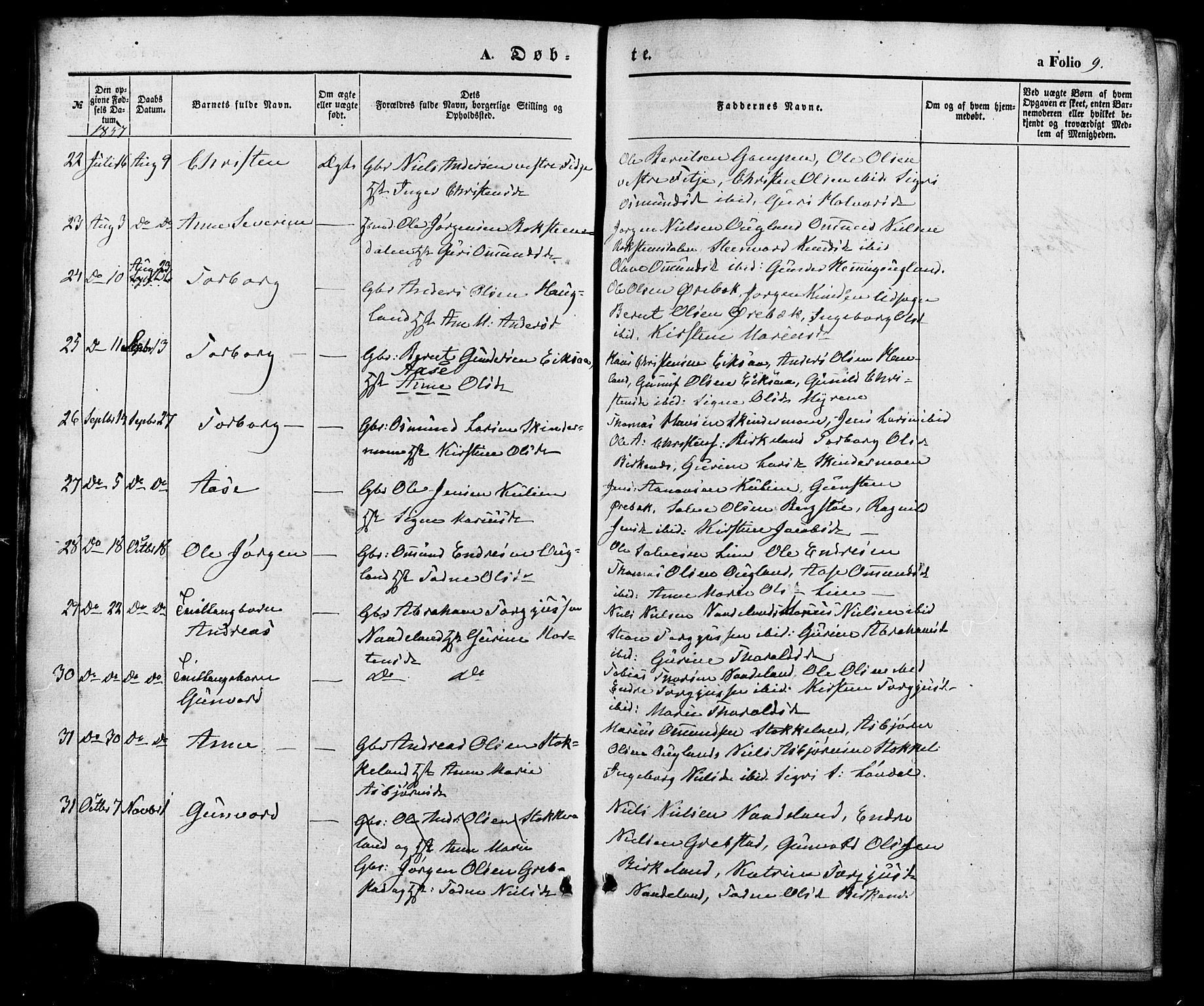 Søgne sokneprestkontor, AV/SAK-1111-0037/F/Fa/Faa/L0002: Parish register (official) no. A 2, 1854-1882, p. 9