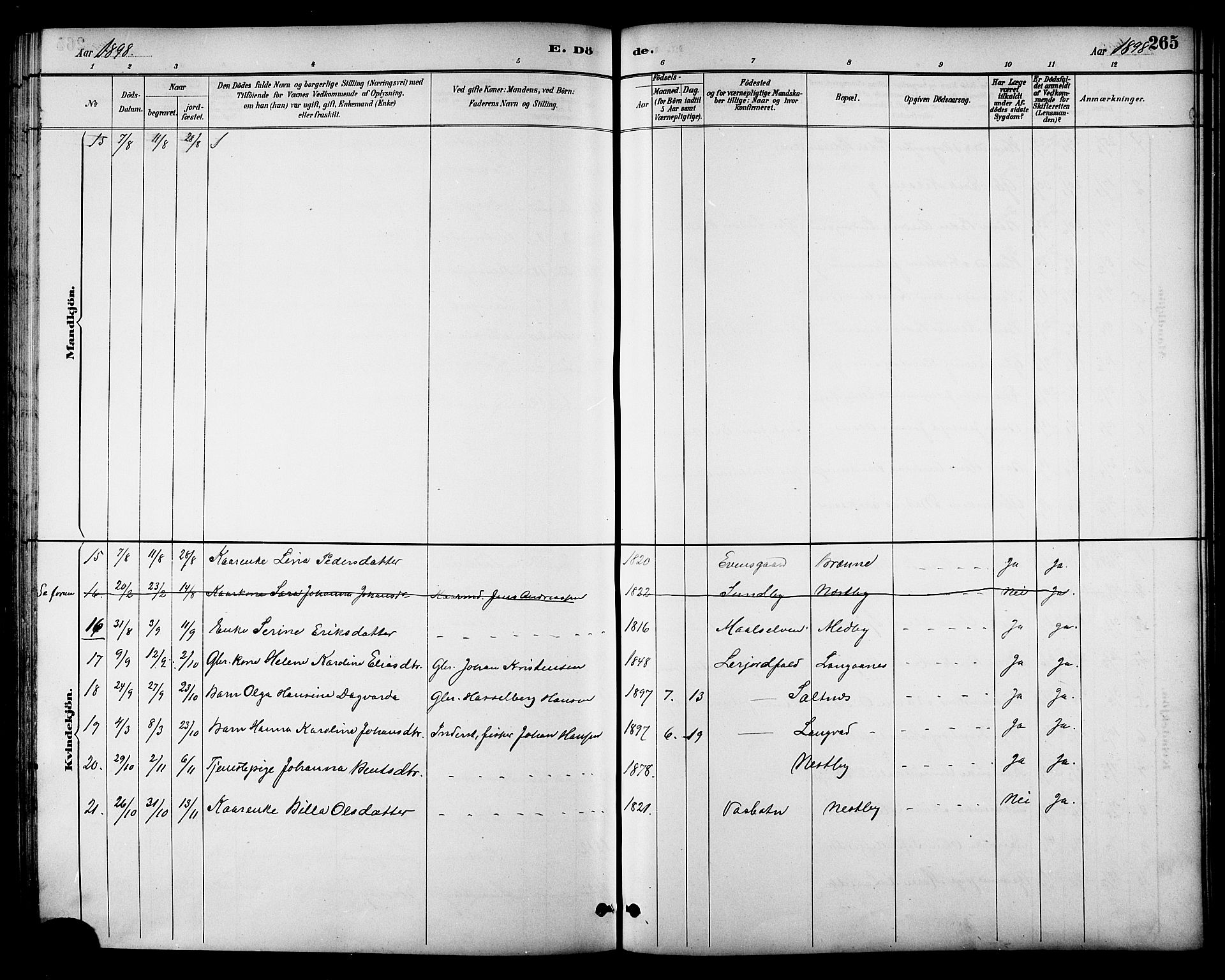 Ministerialprotokoller, klokkerbøker og fødselsregistre - Nordland, AV/SAT-A-1459/847/L0669: Parish register (official) no. 847A09, 1887-1901, p. 265