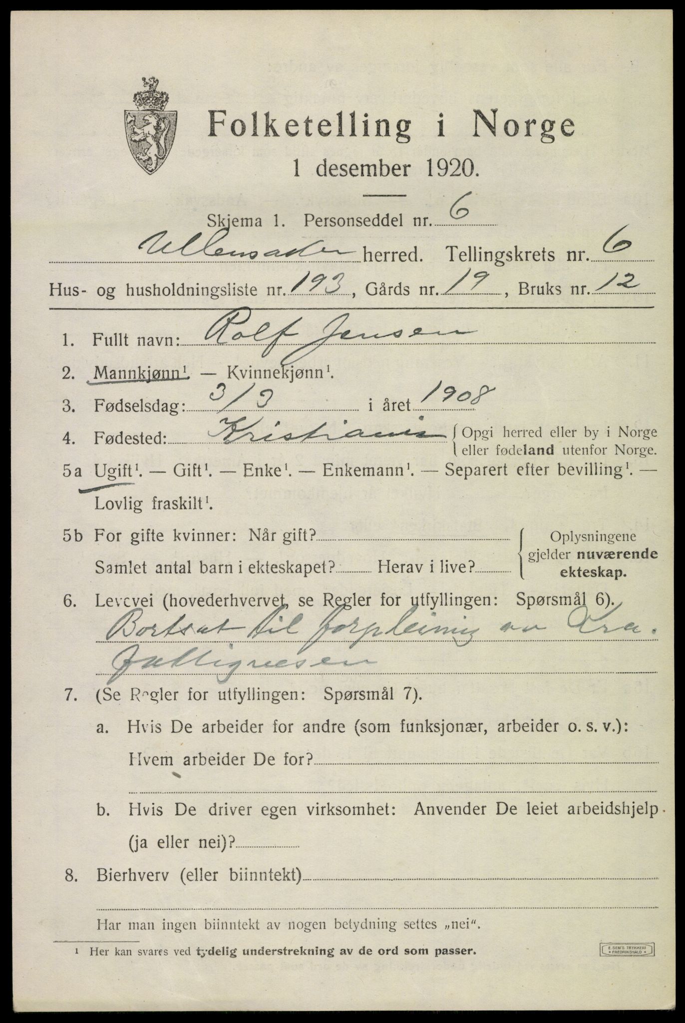 SAO, 1920 census for Ullensaker, 1920, p. 12869