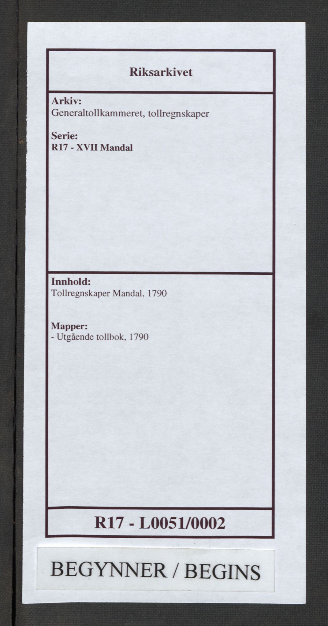 Generaltollkammeret, tollregnskaper, RA/EA-5490/R17/L0051/0002: Tollregnskaper Mandal / Utgående tollbok, 1790