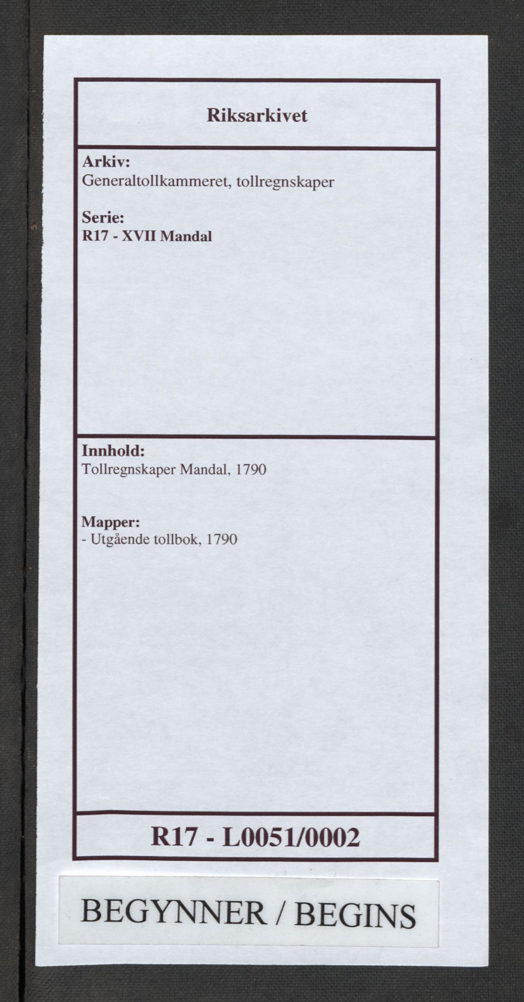 Generaltollkammeret, tollregnskaper, AV/RA-EA-5490/R17/L0051/0002: Tollregnskaper Mandal / Utgående tollbok, 1790