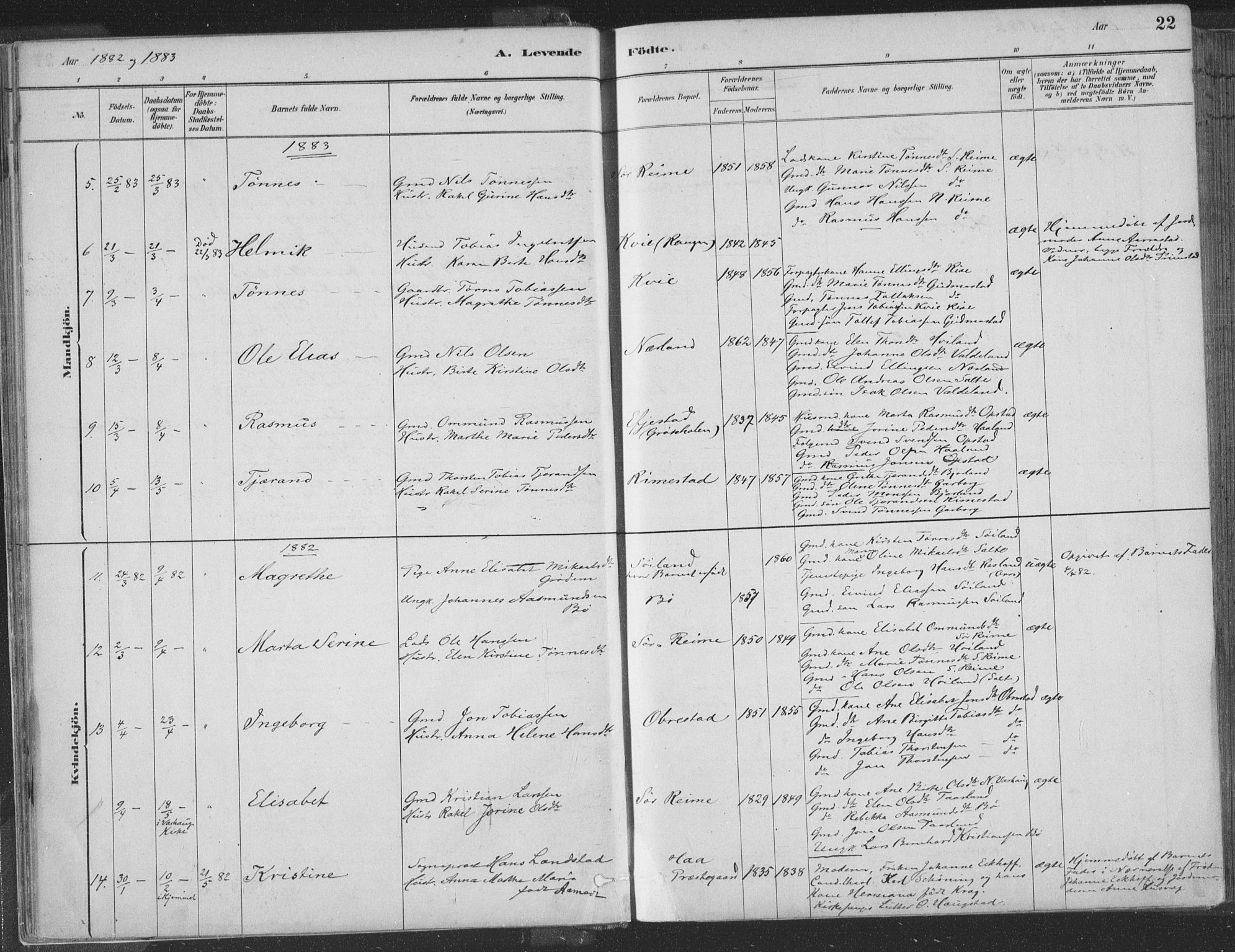 Hå sokneprestkontor, SAST/A-101801/001/30BA/L0010: Parish register (official) no. A 9, 1879-1896, p. 22