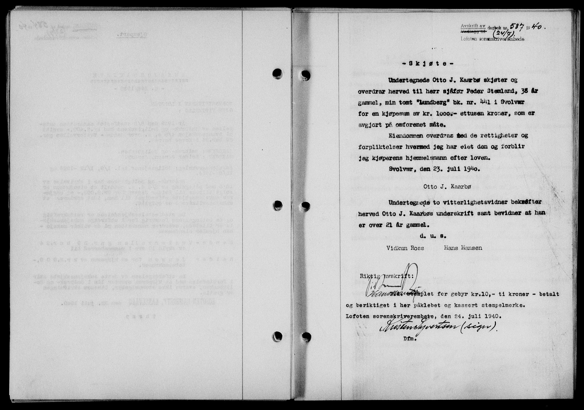 Lofoten sorenskriveri, SAT/A-0017/1/2/2C/L0007a: Mortgage book no. 7a, 1939-1940, Diary no: : 587/1940
