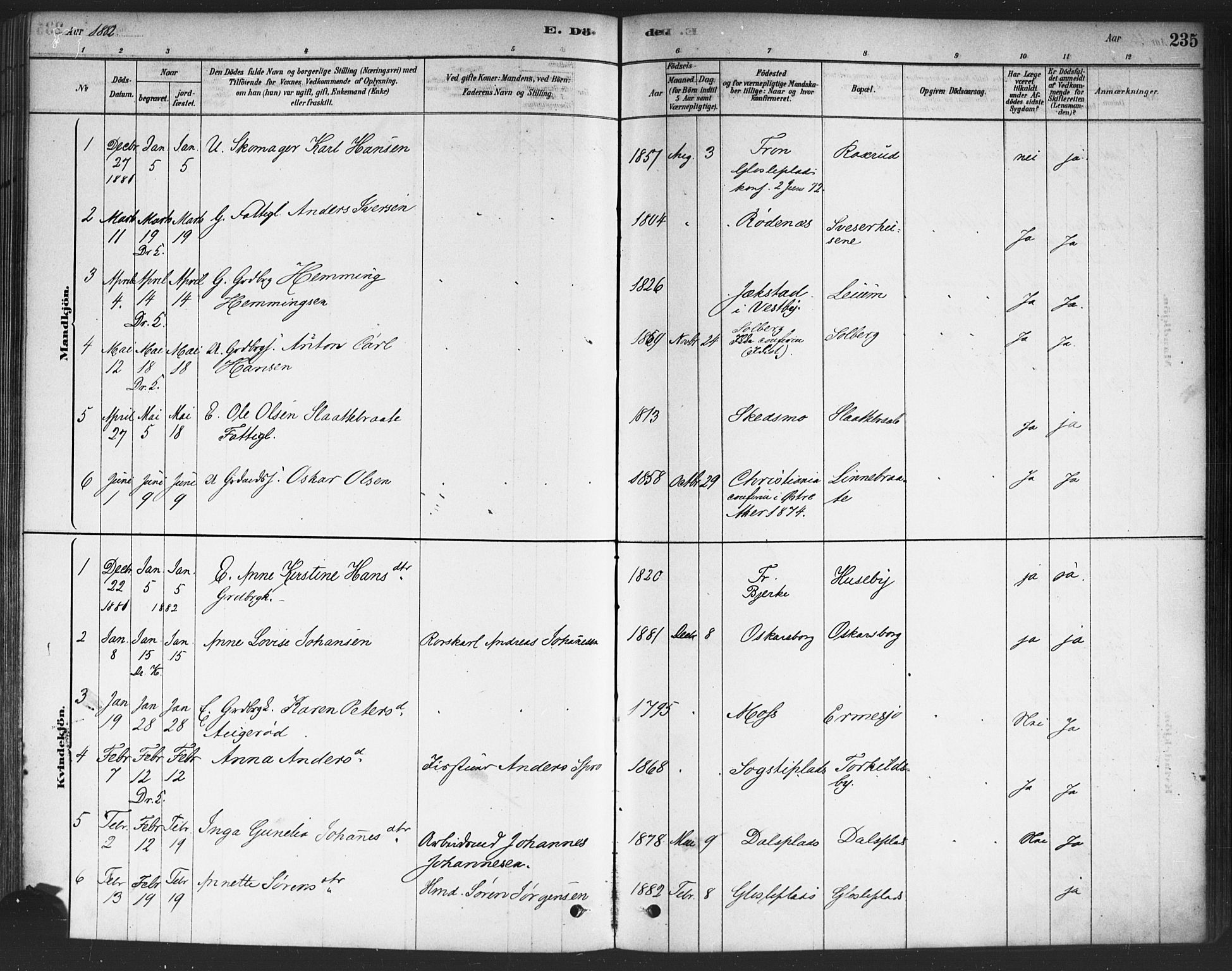 Drøbak prestekontor Kirkebøker, SAO/A-10142a/F/Fc/L0002: Parish register (official) no. III 2, 1878-1891, p. 235