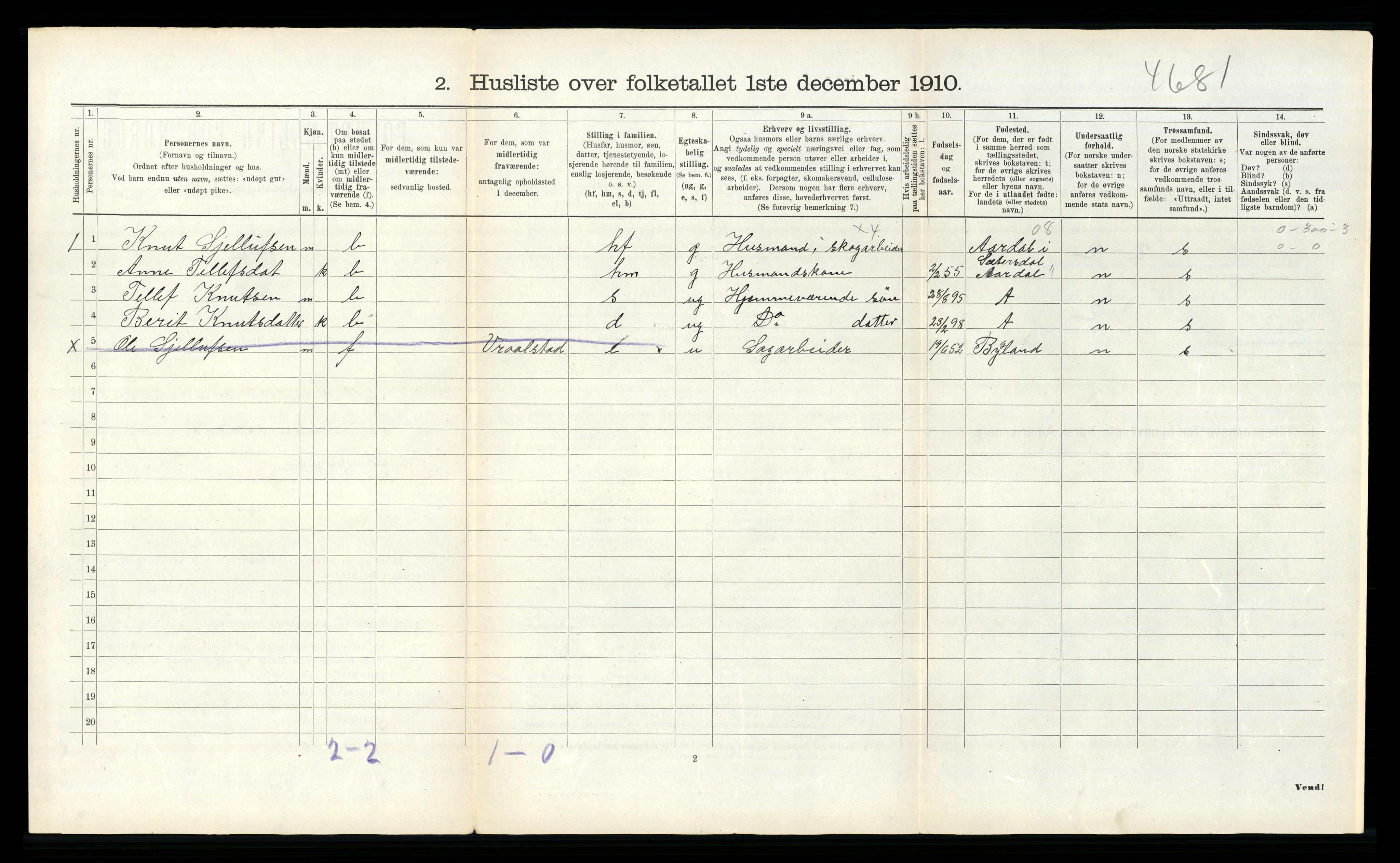 RA, 1910 census for Tovdal, 1910, p. 47