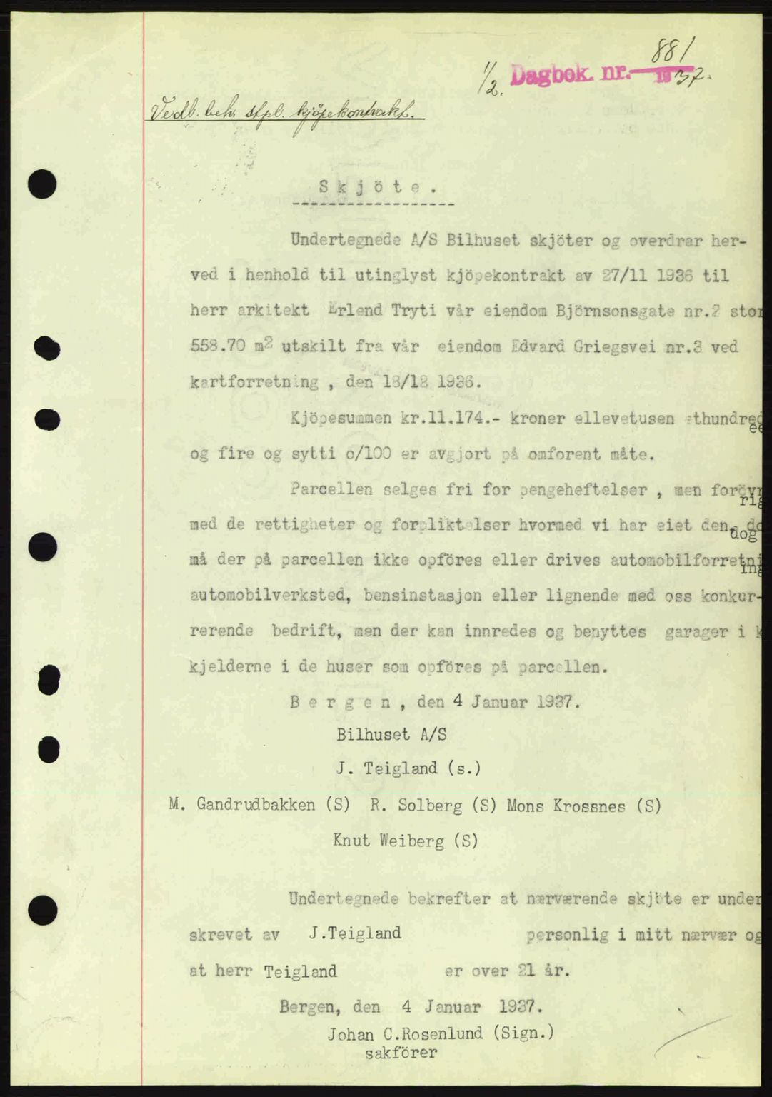 Byfogd og Byskriver i Bergen, SAB/A-3401/03/03Bc/L0004: Mortgage book no. A3-4, 1936-1937, Diary no: : 881/1937