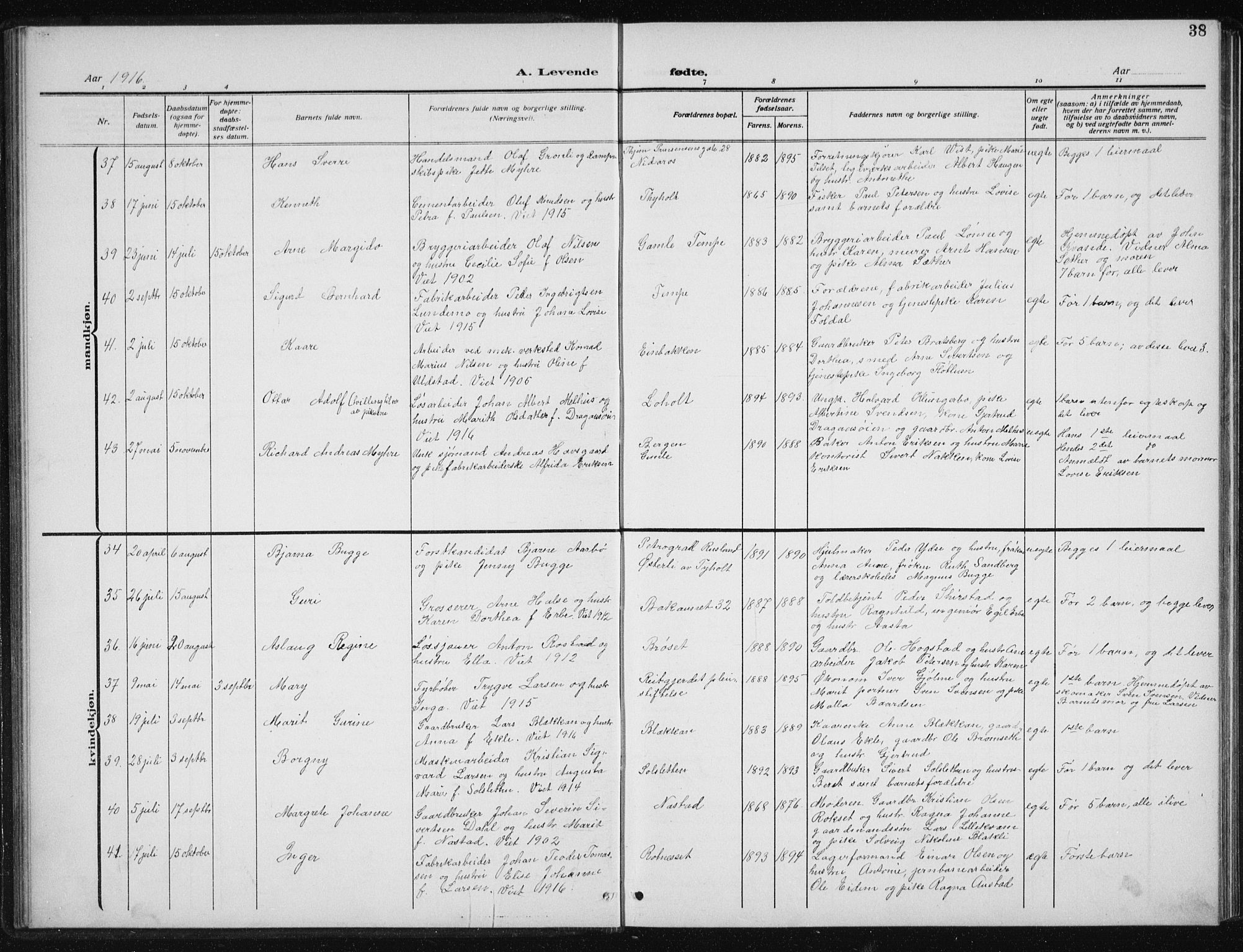 Ministerialprotokoller, klokkerbøker og fødselsregistre - Sør-Trøndelag, AV/SAT-A-1456/606/L0314: Parish register (copy) no. 606C10, 1911-1937, p. 38