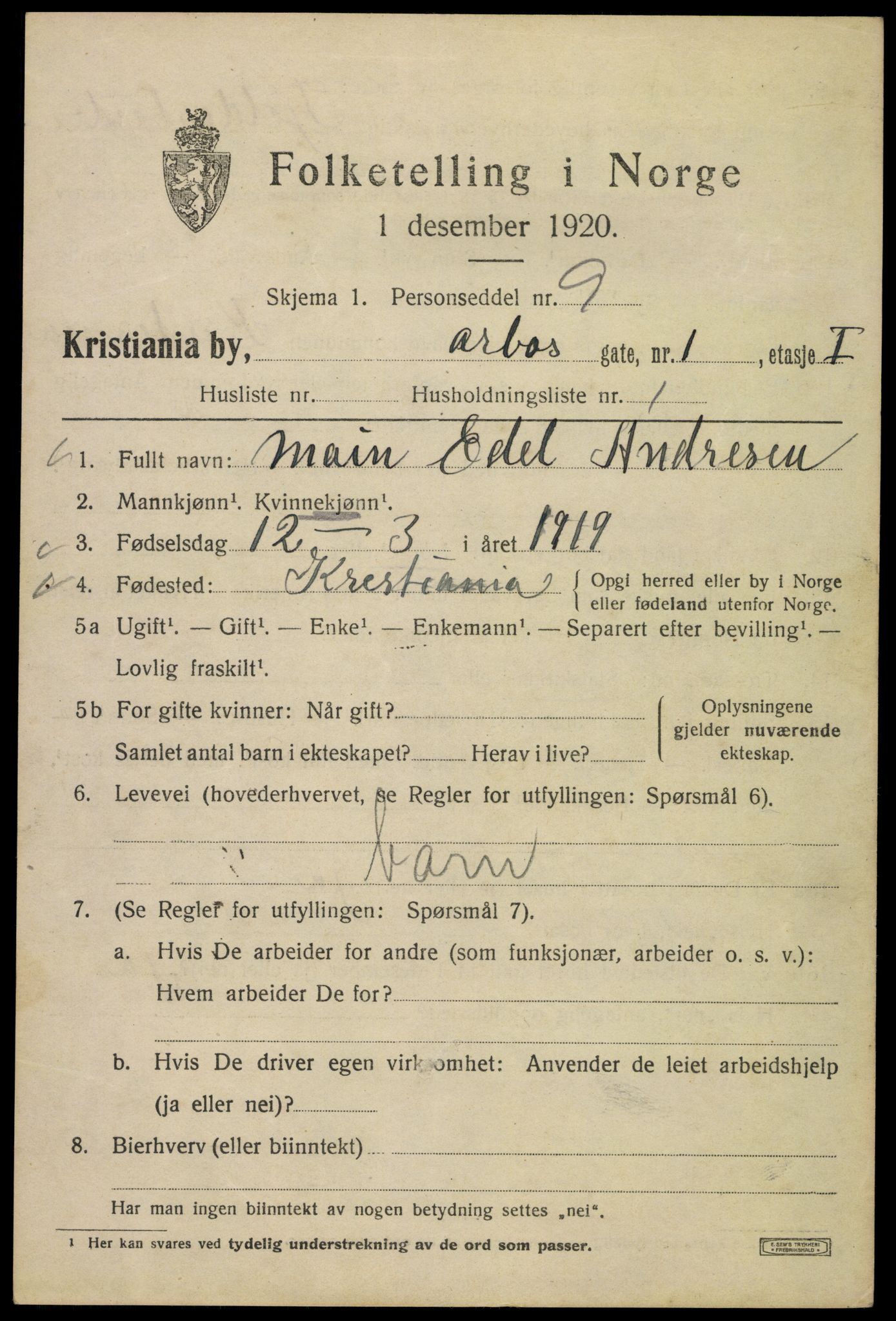 SAO, 1920 census for Kristiania, 1920, p. 142695