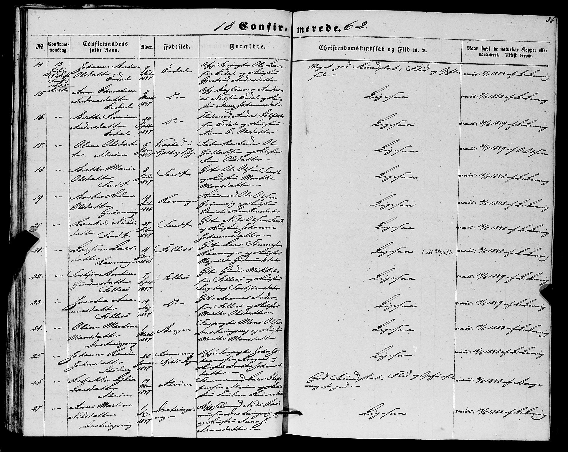 Askøy Sokneprestembete, SAB/A-74101/H/Ha/Haa/Haaa/L0012: Parish register (official) no. A 12, 1855-1877, p. 36
