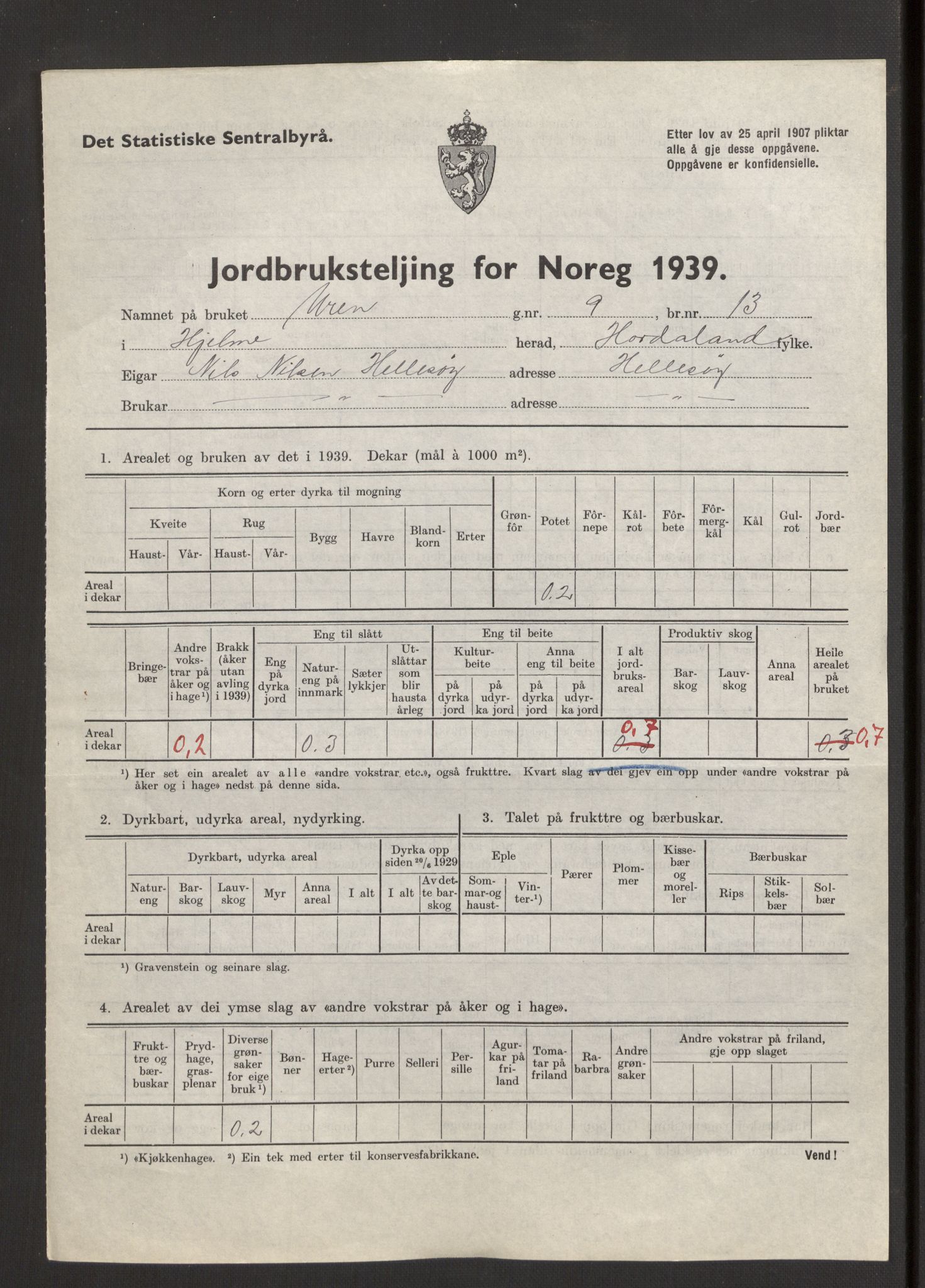 Statistisk sentralbyrå, Næringsøkonomiske emner, Jordbruk, skogbruk, jakt, fiske og fangst, AV/RA-S-2234/G/Gb/L0211: Hordaland: Herdla, Hjelme og Manger, 1939, p. 1139