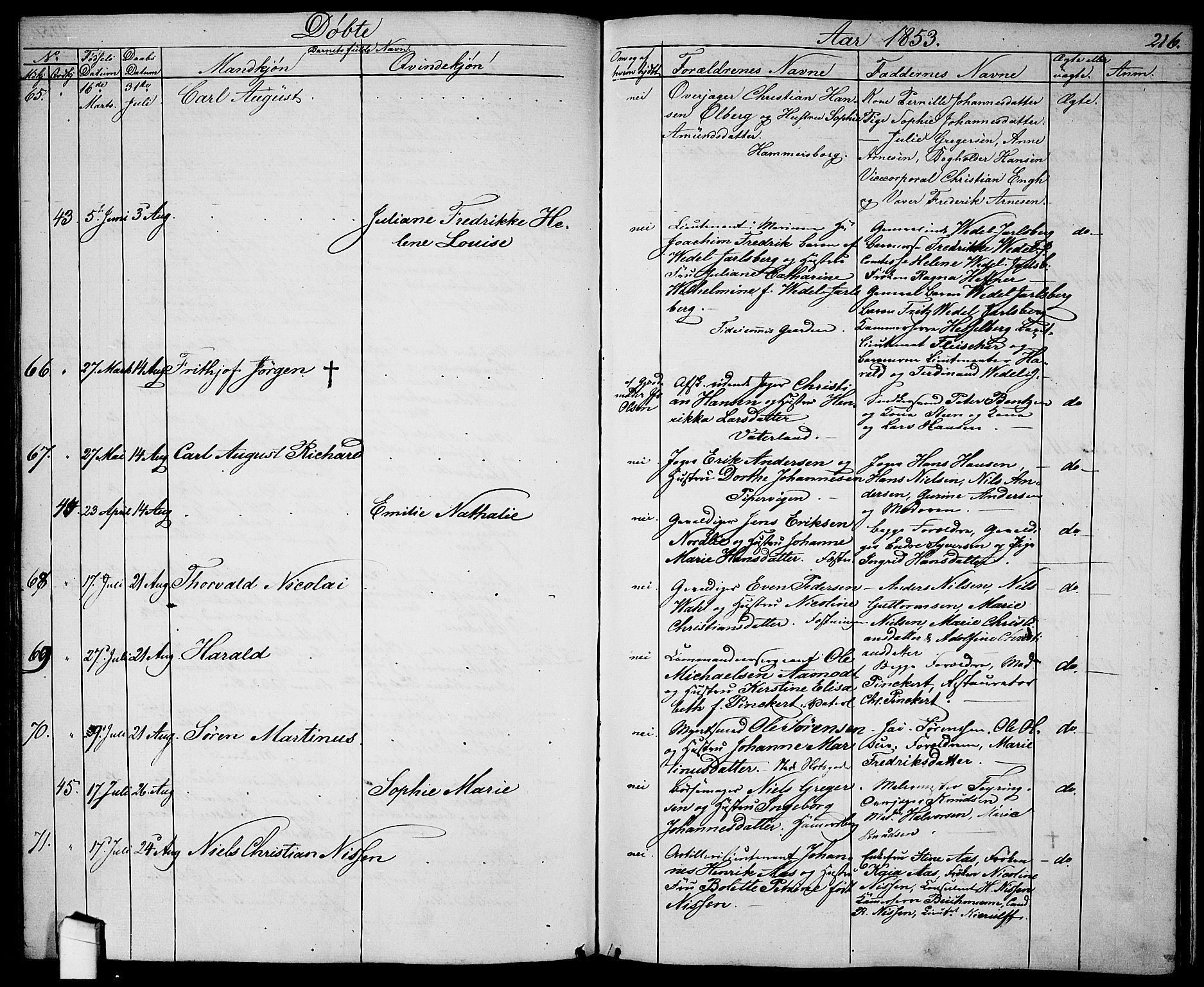 Garnisonsmenigheten Kirkebøker, SAO/A-10846/G/Ga/L0005: Parish register (copy) no. 5, 1841-1860, p. 216