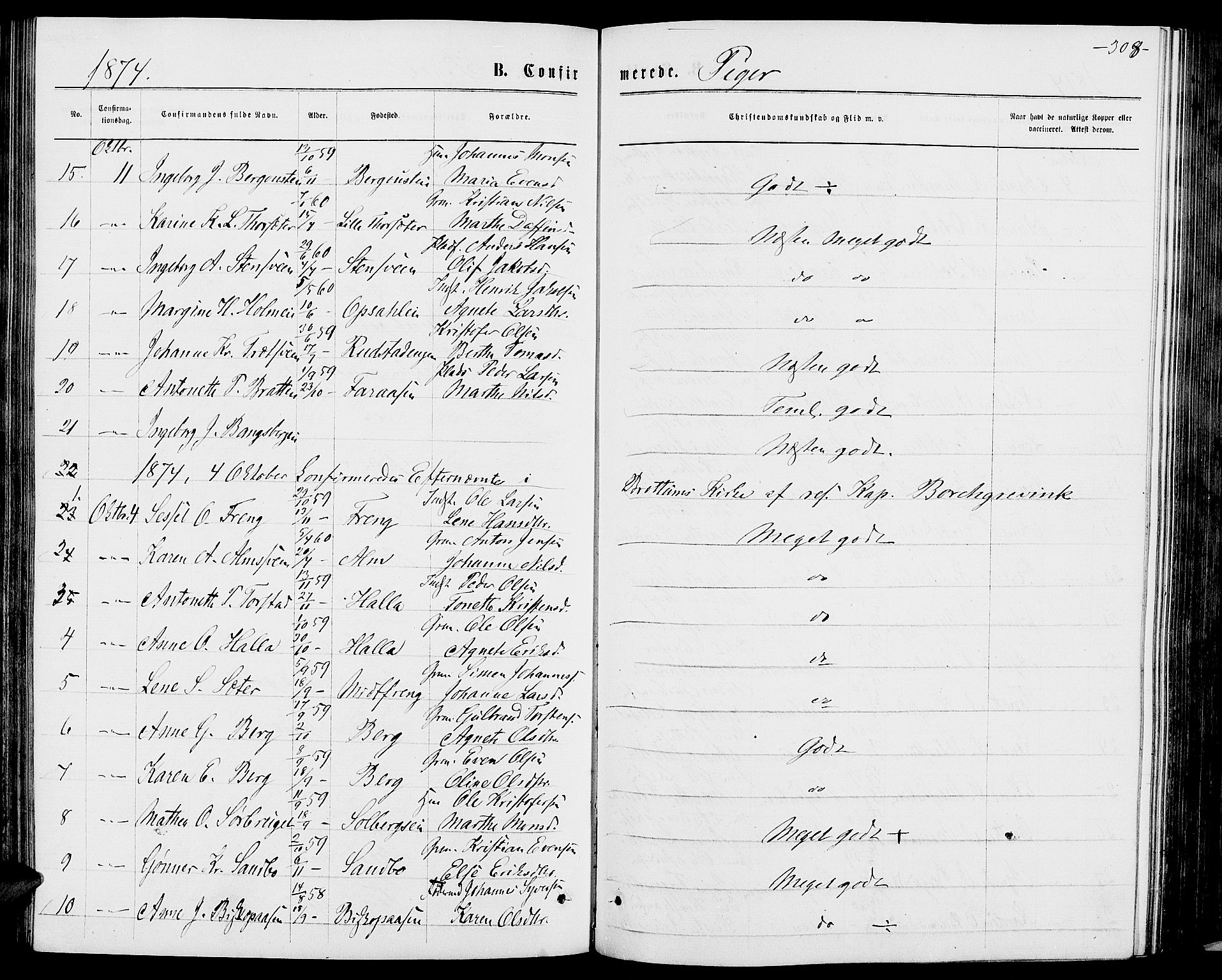 Ringsaker prestekontor, AV/SAH-PREST-014/L/La/L0008: Parish register (copy) no. 8, 1870-1878, p. 308