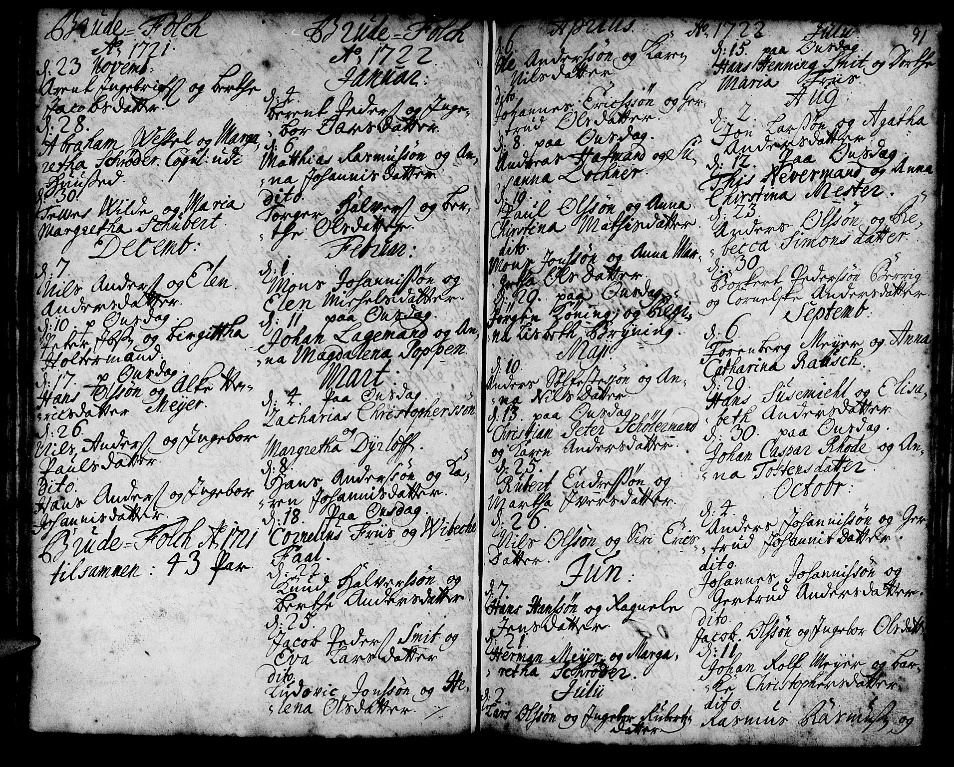 Korskirken sokneprestembete, SAB/A-76101/H/Haa/L0008: Parish register (official) no. A 8, 1698-1747, p. 91