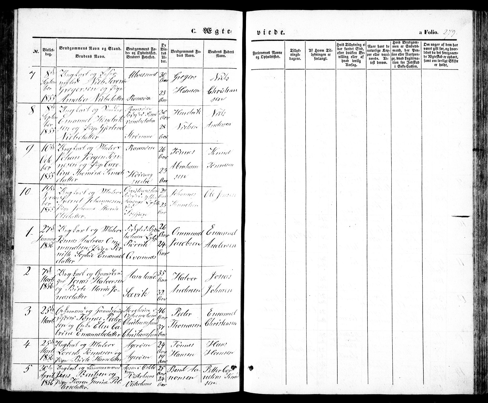 Høvåg sokneprestkontor, SAK/1111-0025/F/Fb/L0002: Parish register (copy) no. B 2, 1847-1869, p. 279