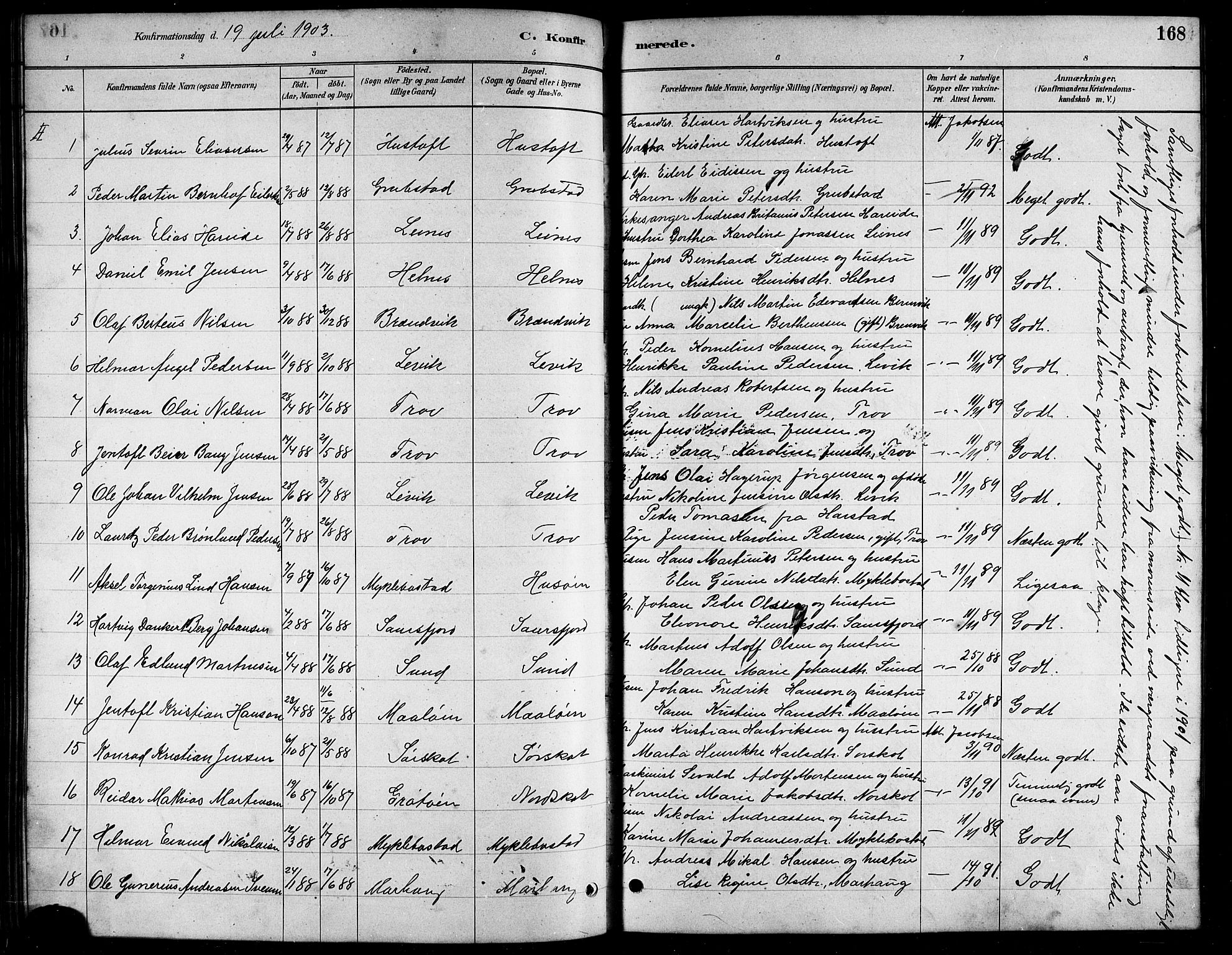 Ministerialprotokoller, klokkerbøker og fødselsregistre - Nordland, AV/SAT-A-1459/857/L0828: Parish register (copy) no. 857C03, 1879-1908, p. 168