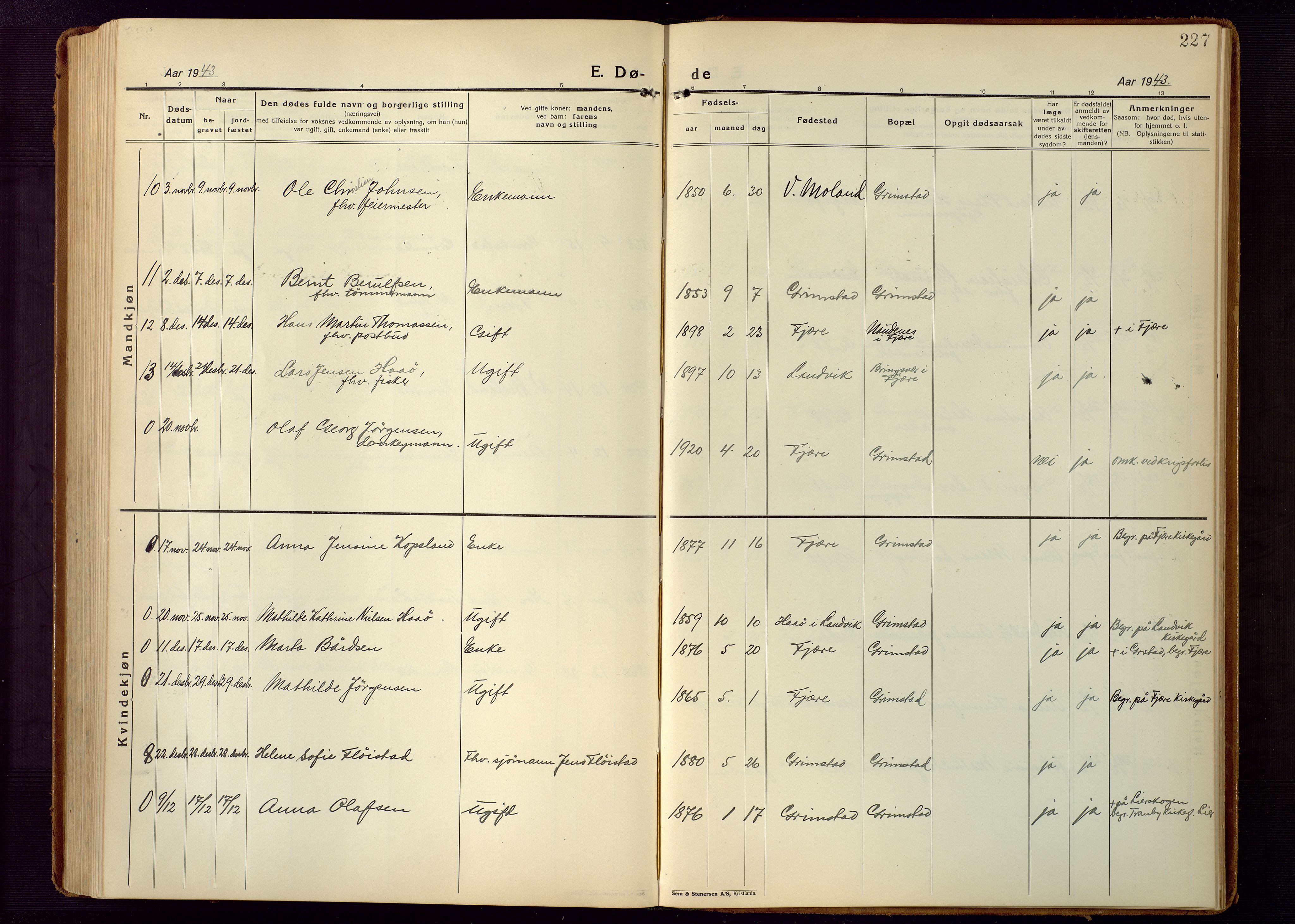 Grimstad sokneprestkontor, AV/SAK-1111-0017/F/Fb/L0002: Parish register (copy) no. B 2, 1923-1949, p. 227