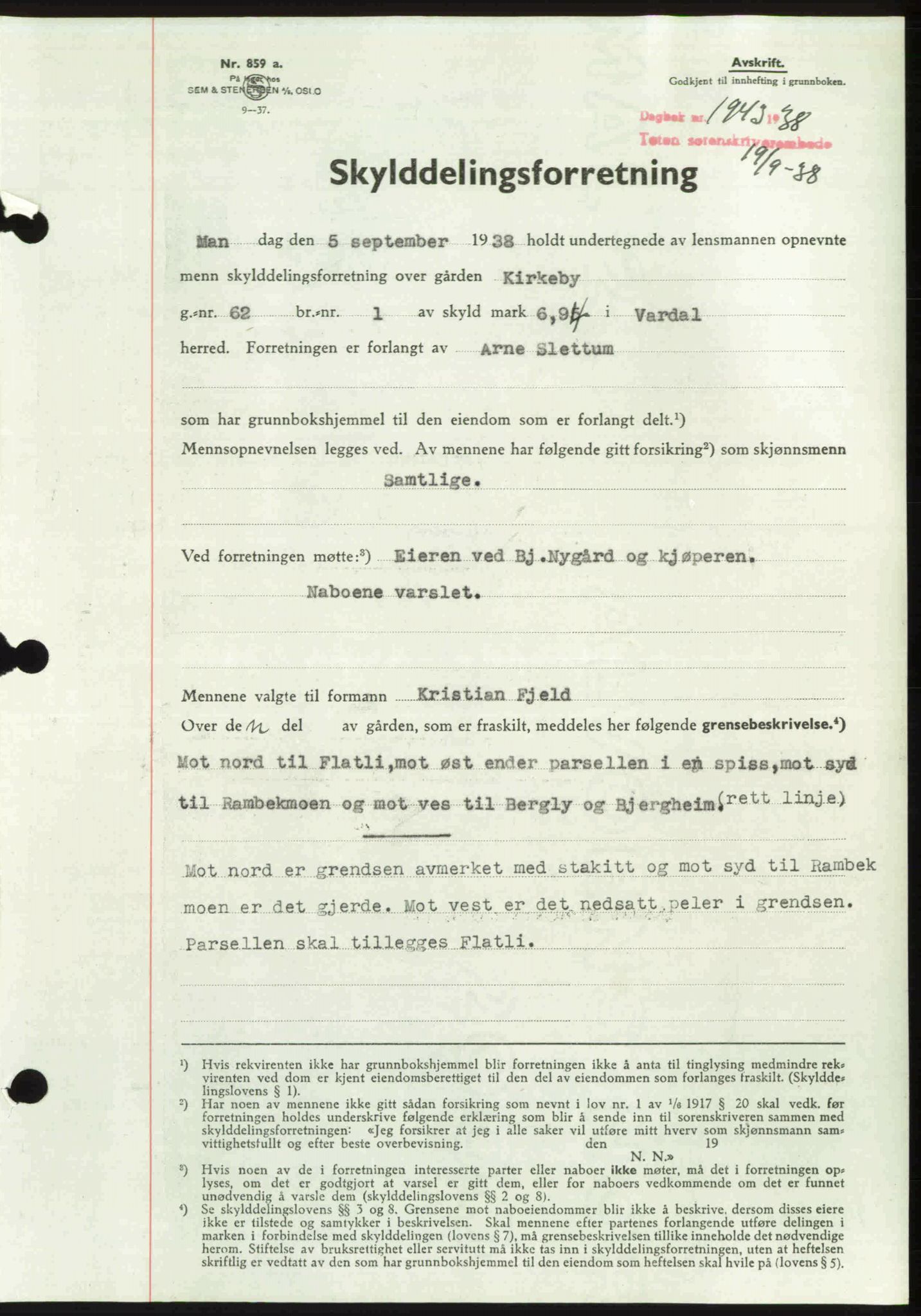 Toten tingrett, SAH/TING-006/H/Hb/Hbc/L0004: Mortgage book no. Hbc-04, 1938-1938, Diary no: : 1943/1938