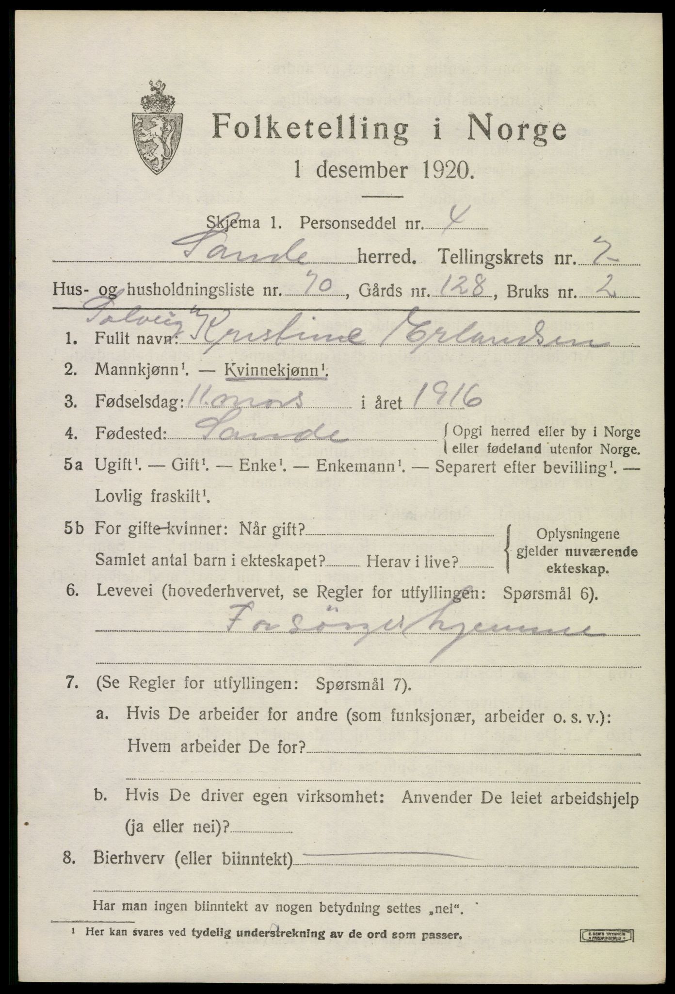 SAKO, 1920 census for Sande, 1920, p. 8946