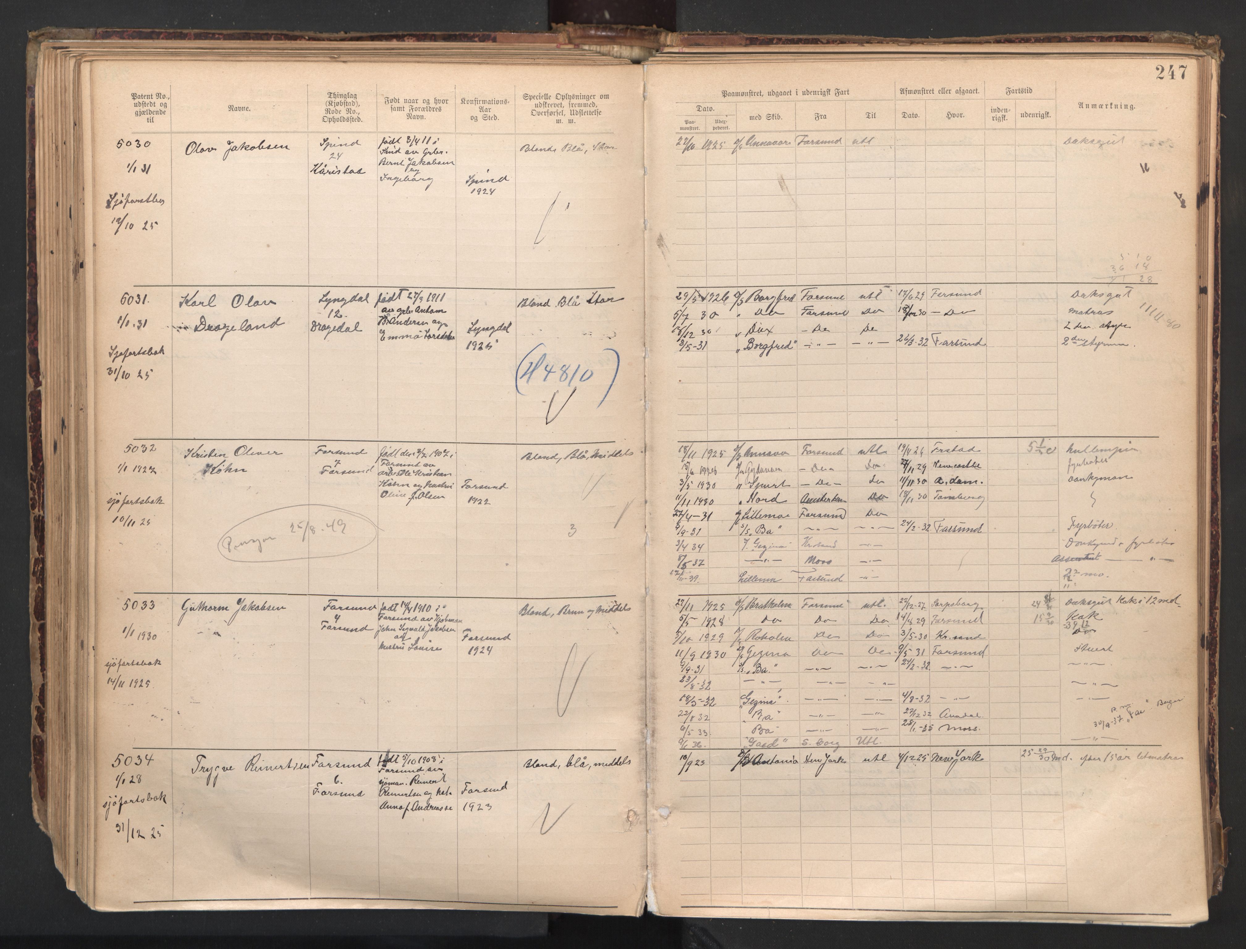 Farsund mønstringskrets, AV/SAK-2031-0017/F/Fa/L0007: Annotasjonsrulle nr 3806-5294 med register, Z-4, 1894-1934, p. 285