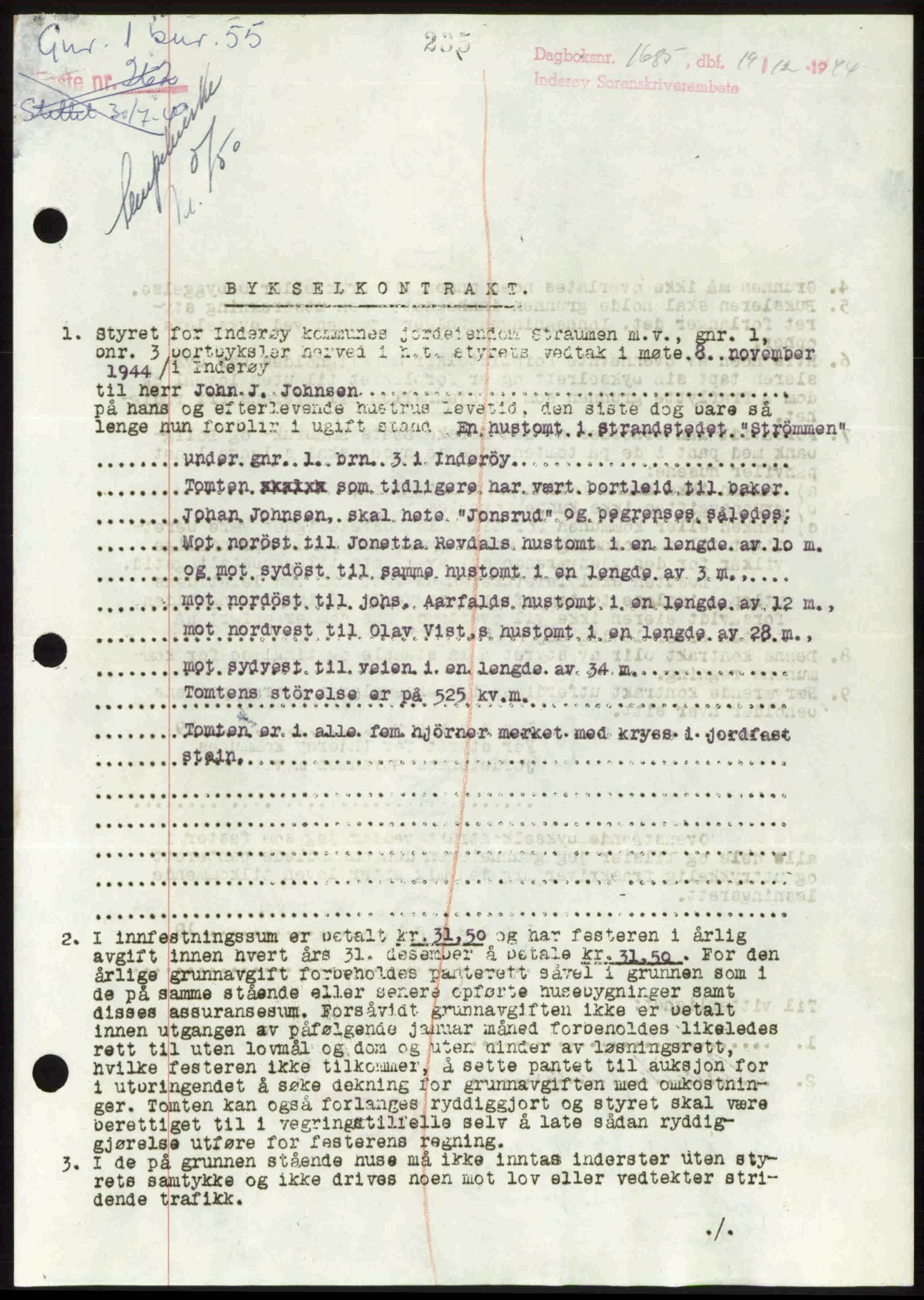Inderøy sorenskriveri, AV/SAT-A-4147/1/2/2C: Mortgage book no. A 12, 1944-1945, p. 235, Diary no: : 1685/1944