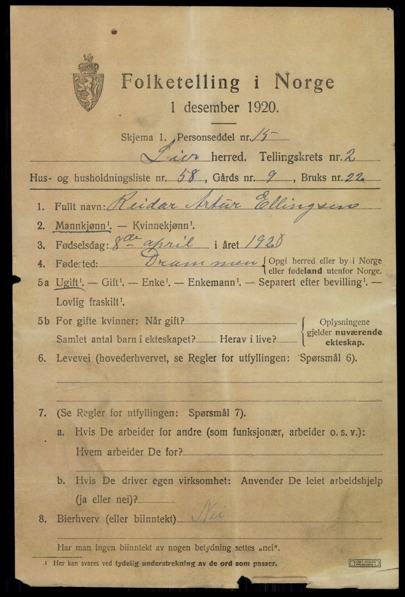 SAKO, 1920 census for Lier, 1920, p. 5248