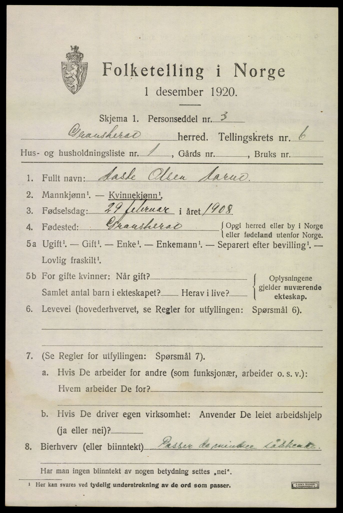 SAKO, 1920 census for Gransherad, 1920, p. 2314