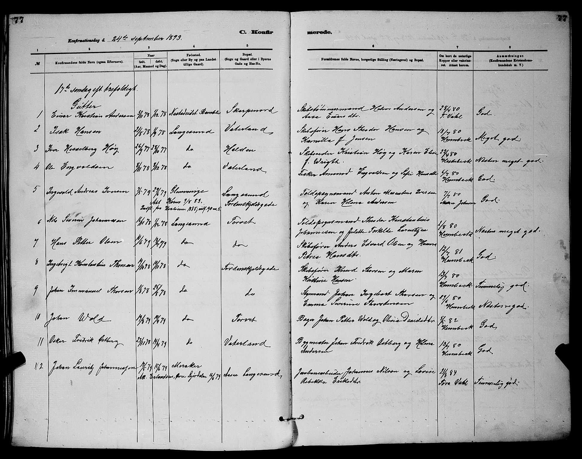 Langesund kirkebøker, SAKO/A-280/G/Ga/L0005: Parish register (copy) no. 5, 1884-1898, p. 77