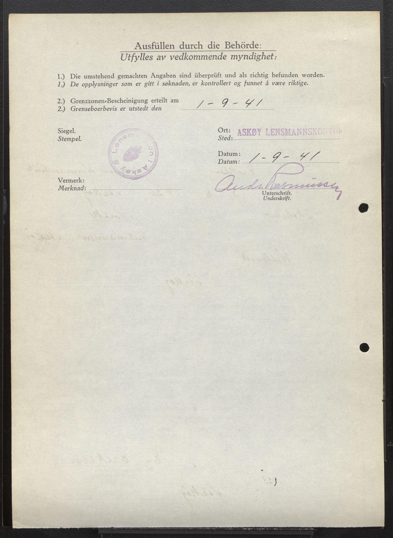 Lensmannen i Askøy, AV/SAB-A-31001/0026/L0011: Søknader om grensebuarbevis 3401 - 3825, 1940-1942, p. 488