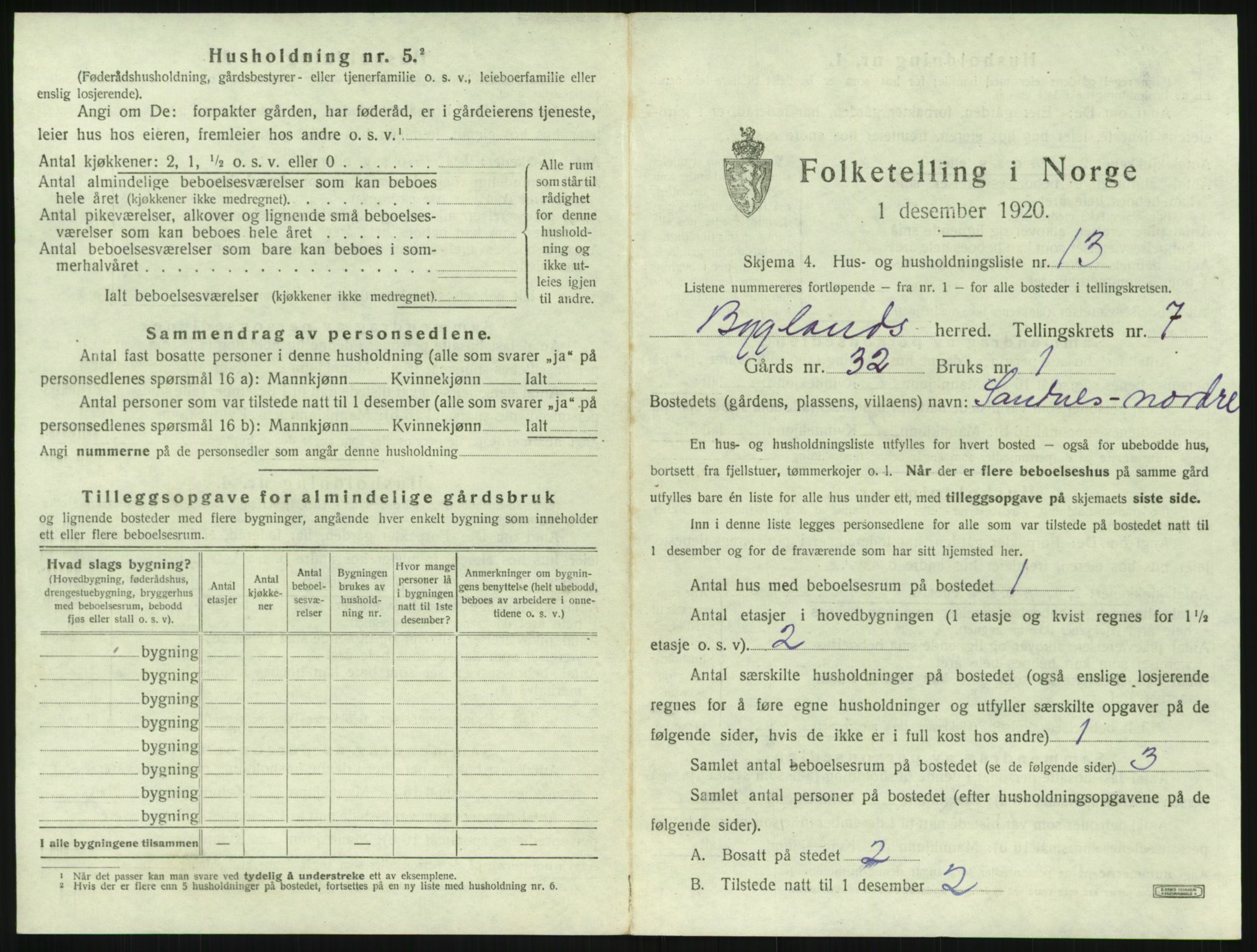 SAK, 1920 census for Bygland, 1920, p. 395