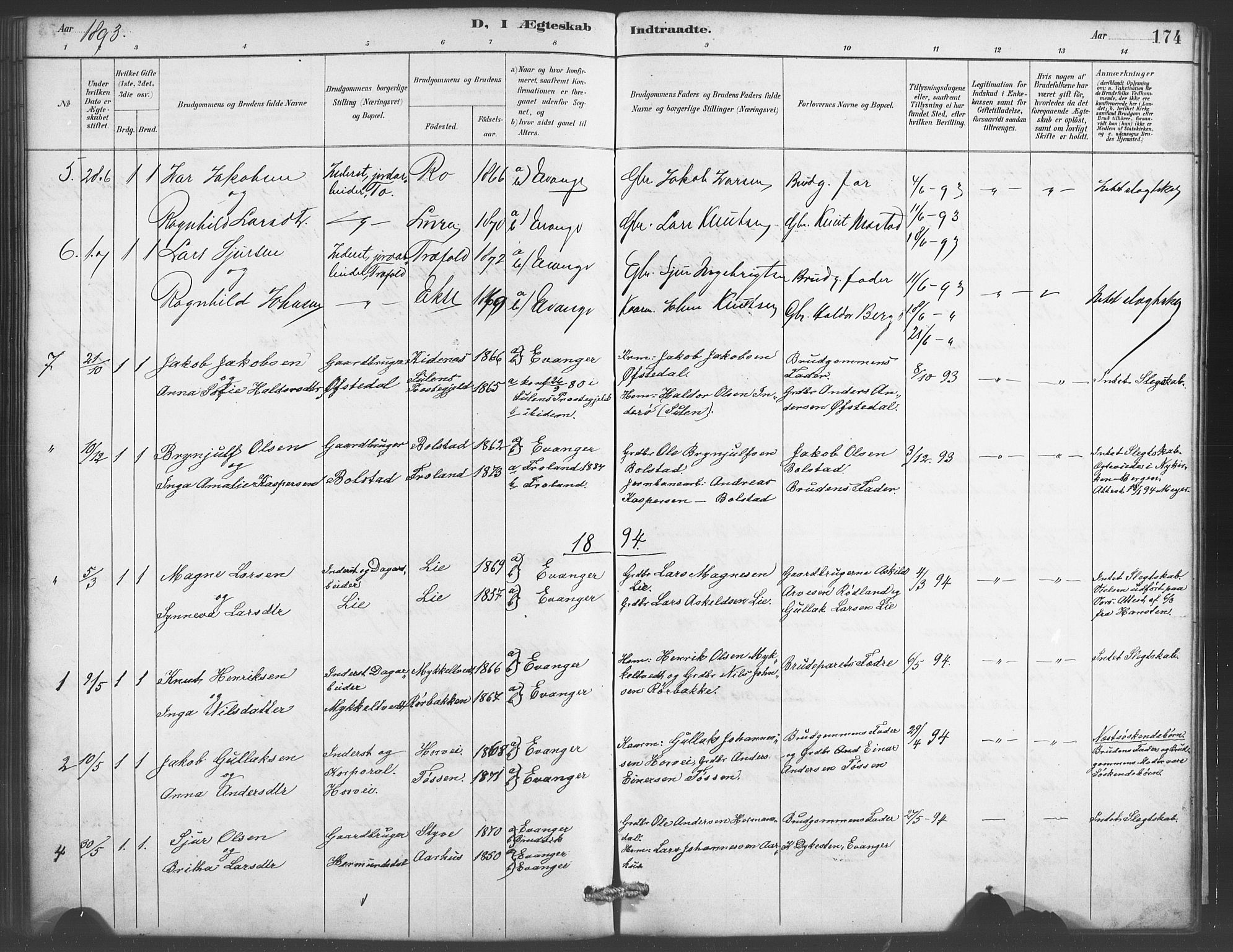 Evanger sokneprestembete, SAB/A-99924: Parish register (copy) no. A 4, 1887-1897, p. 174