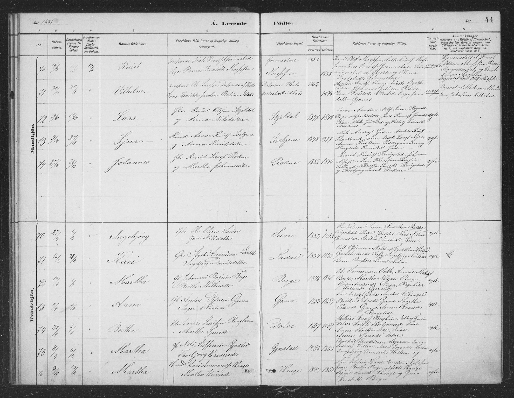 Voss sokneprestembete, AV/SAB-A-79001/H/Hab: Parish register (copy) no. B 3, 1879-1894, p. 44