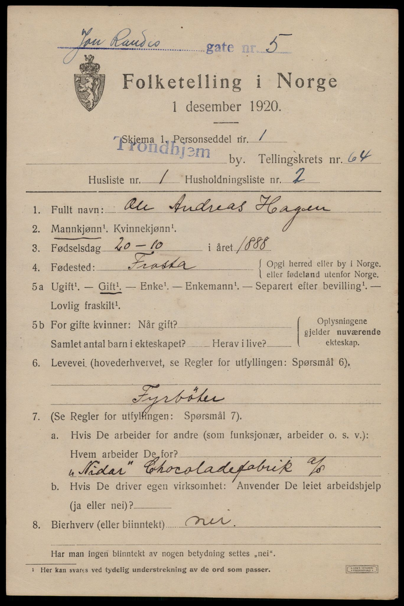 SAT, 1920 census for Trondheim, 1920, p. 127144