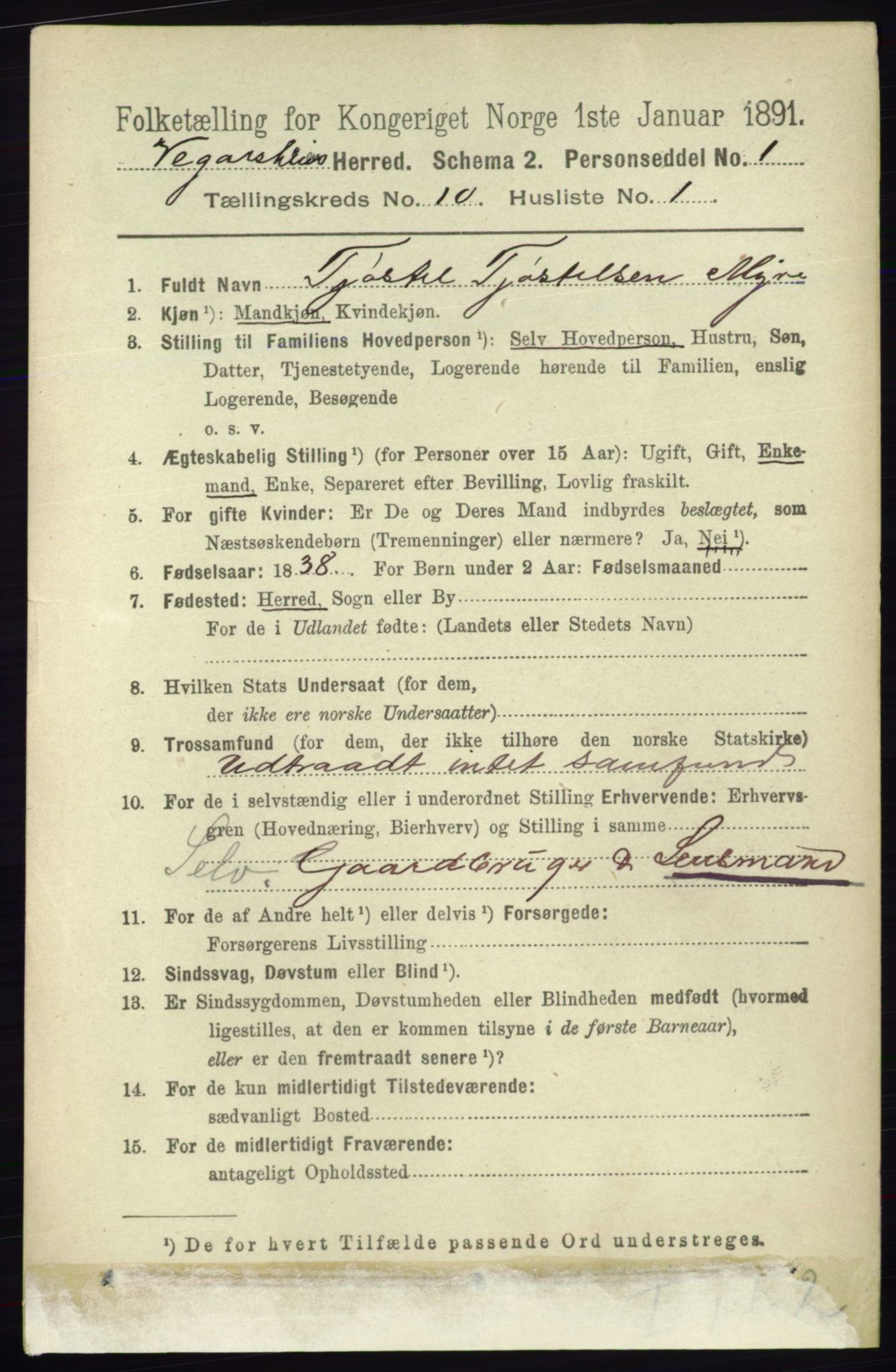 RA, 1891 census for 0912 Vegårshei, 1891, p. 1908