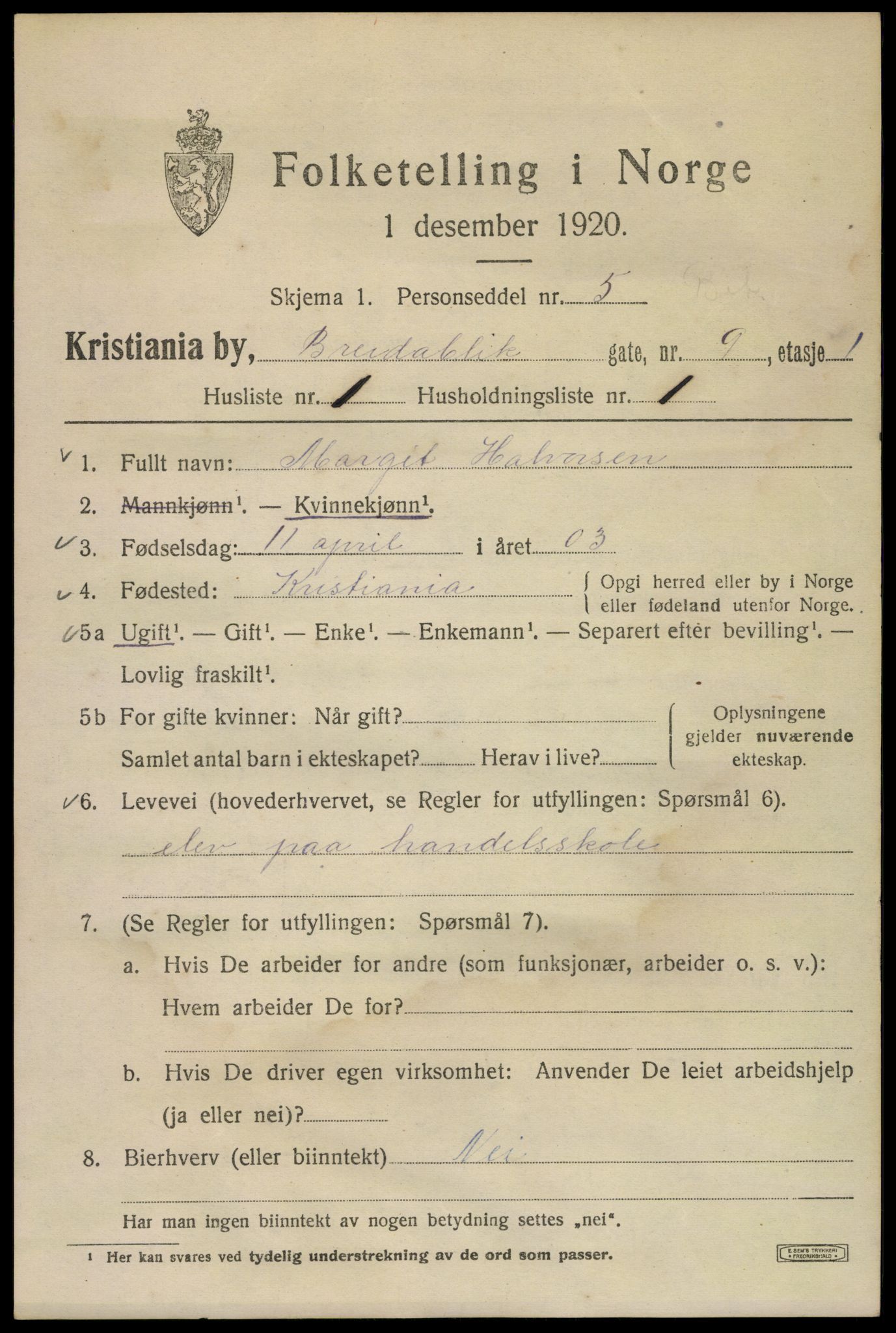 SAO, 1920 census for Kristiania, 1920, p. 171673