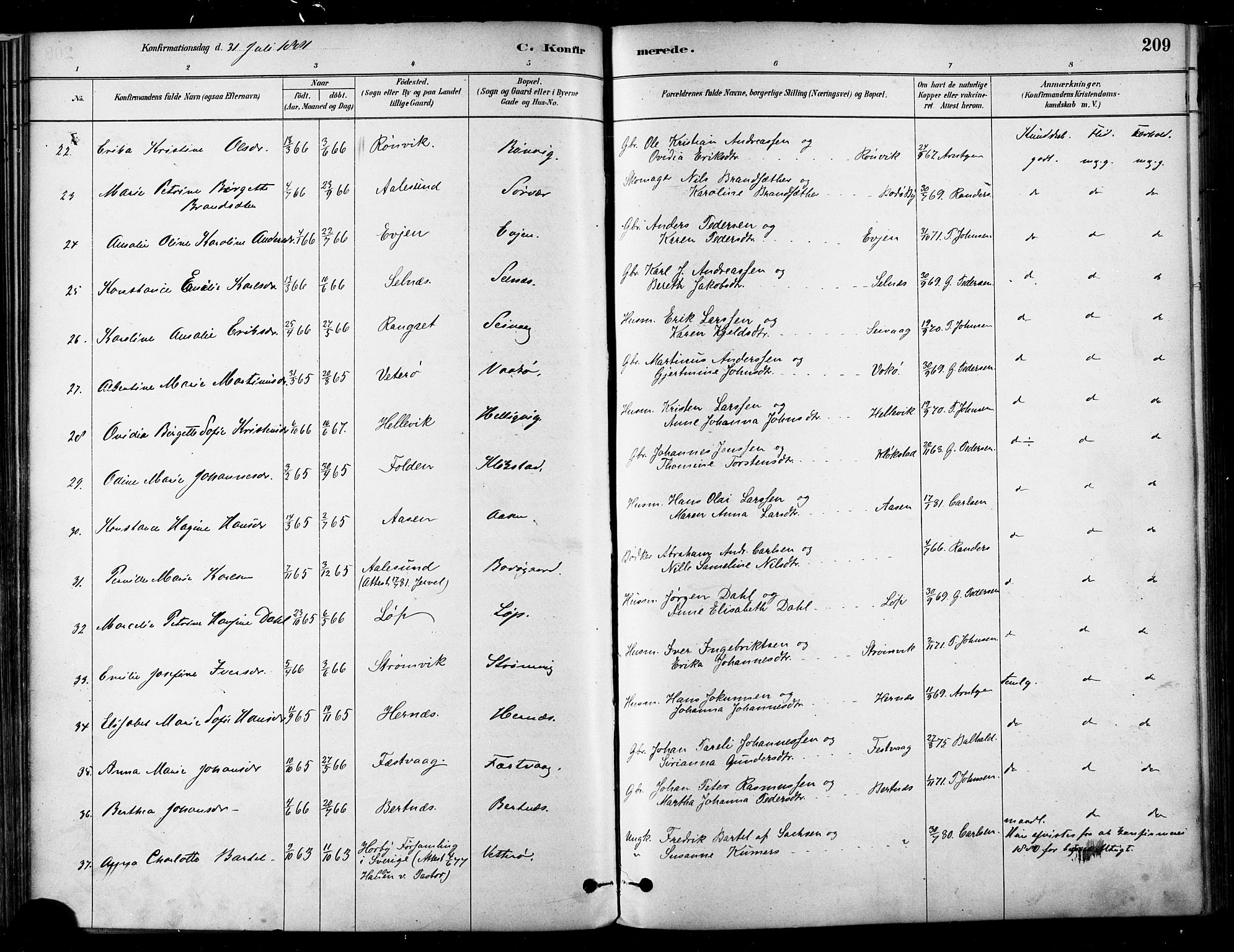 Ministerialprotokoller, klokkerbøker og fødselsregistre - Nordland, SAT/A-1459/802/L0054: Parish register (official) no. 802A01, 1879-1893, p. 209