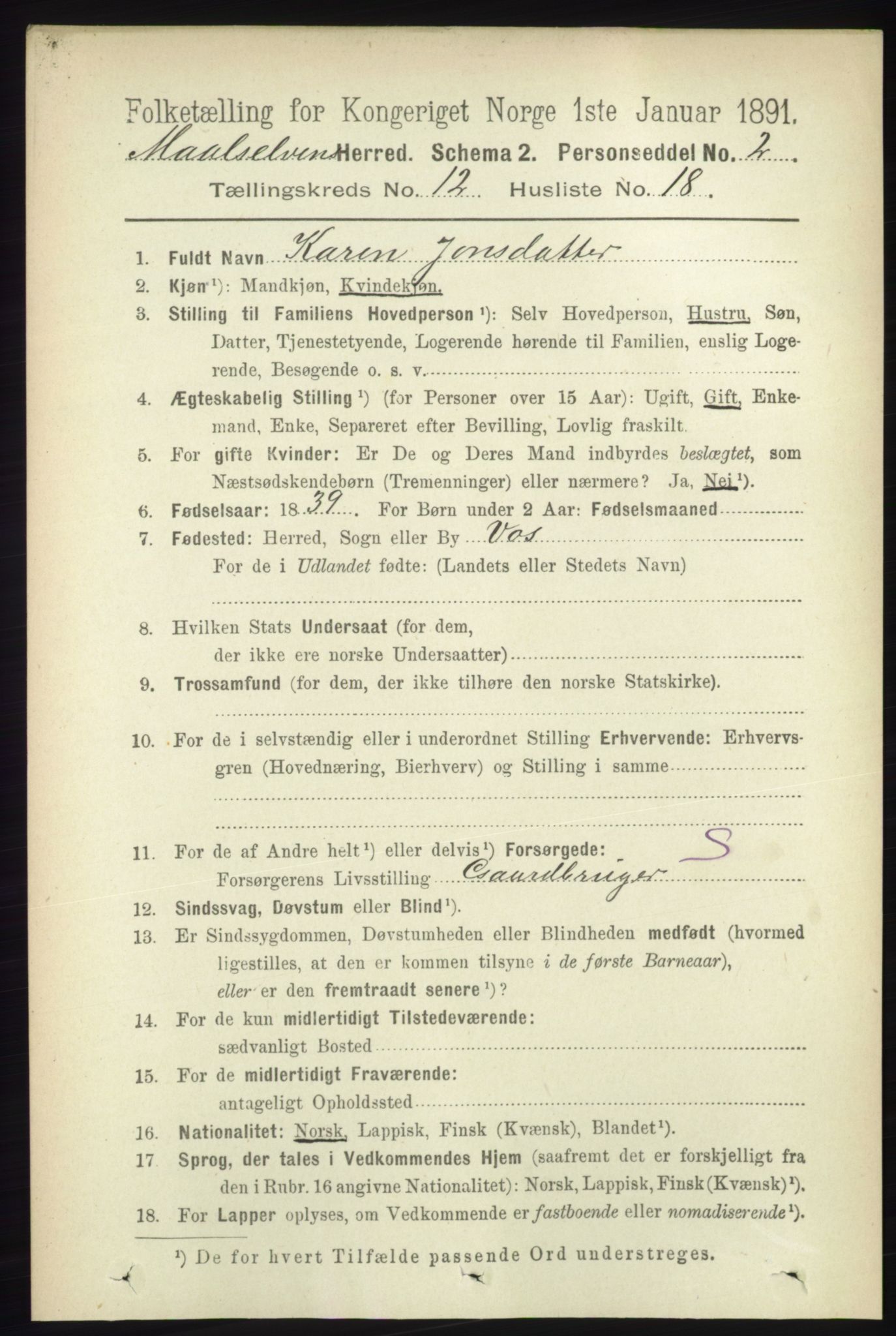 RA, 1891 census for 1924 Målselv, 1891, p. 3911