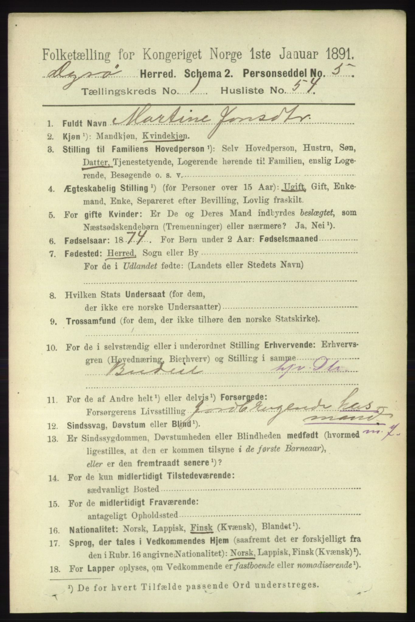 RA, 1891 census for 1926 Dyrøy, 1891, p. 402