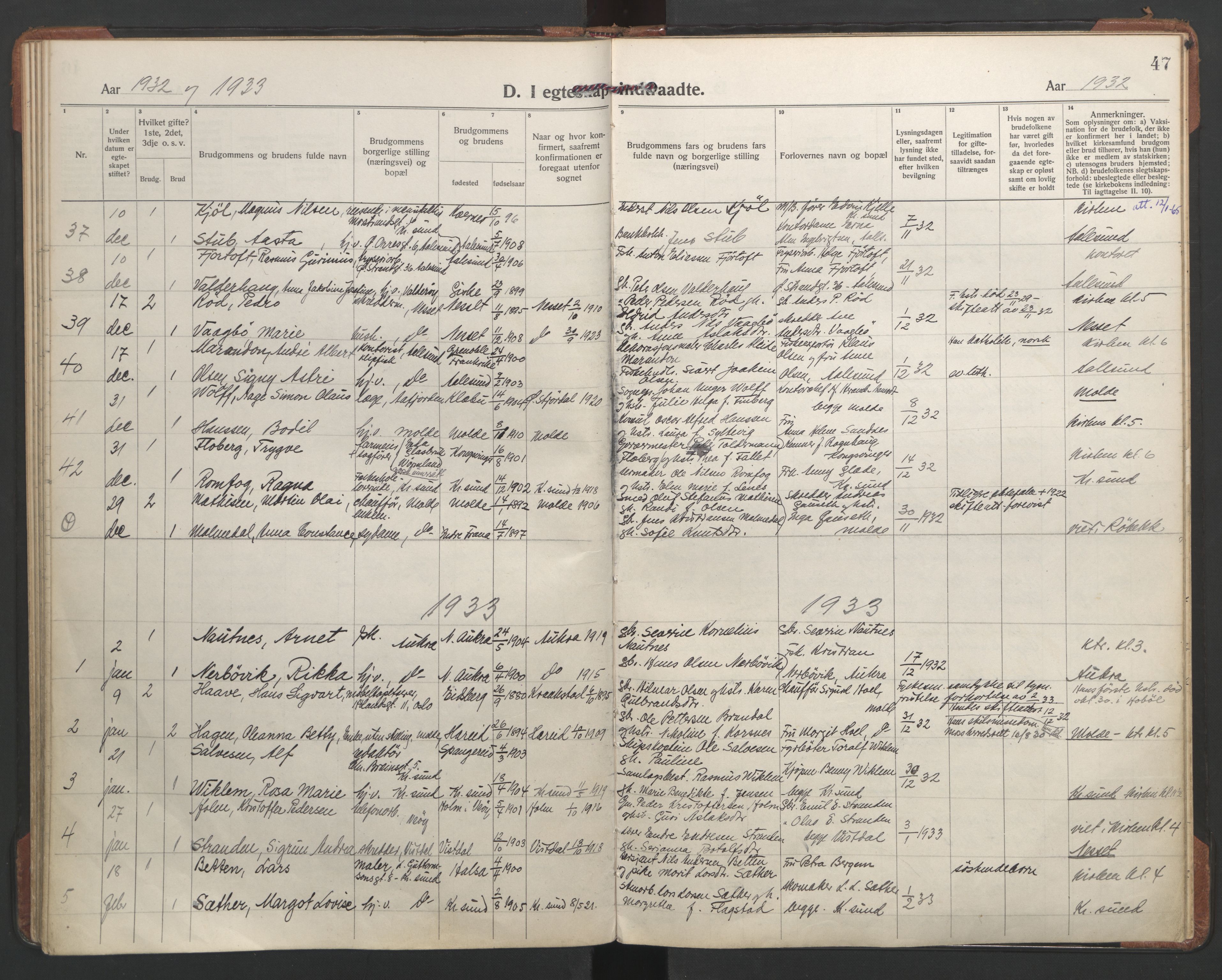 Ministerialprotokoller, klokkerbøker og fødselsregistre - Møre og Romsdal, AV/SAT-A-1454/558/L0698: Parish register (official) no. 558A12, 1922-1937, p. 47