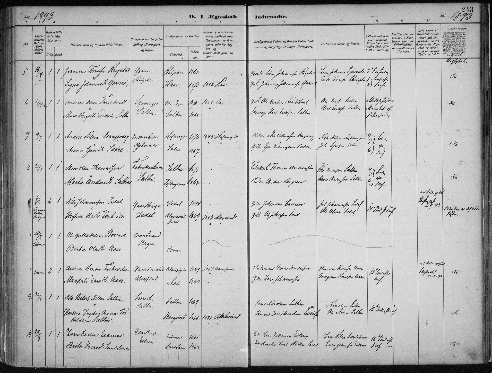 Hamre sokneprestembete, SAB/A-75501/H/Ha/Haa/Haab/L0001: Parish register (official) no. B  1, 1882-1905, p. 243