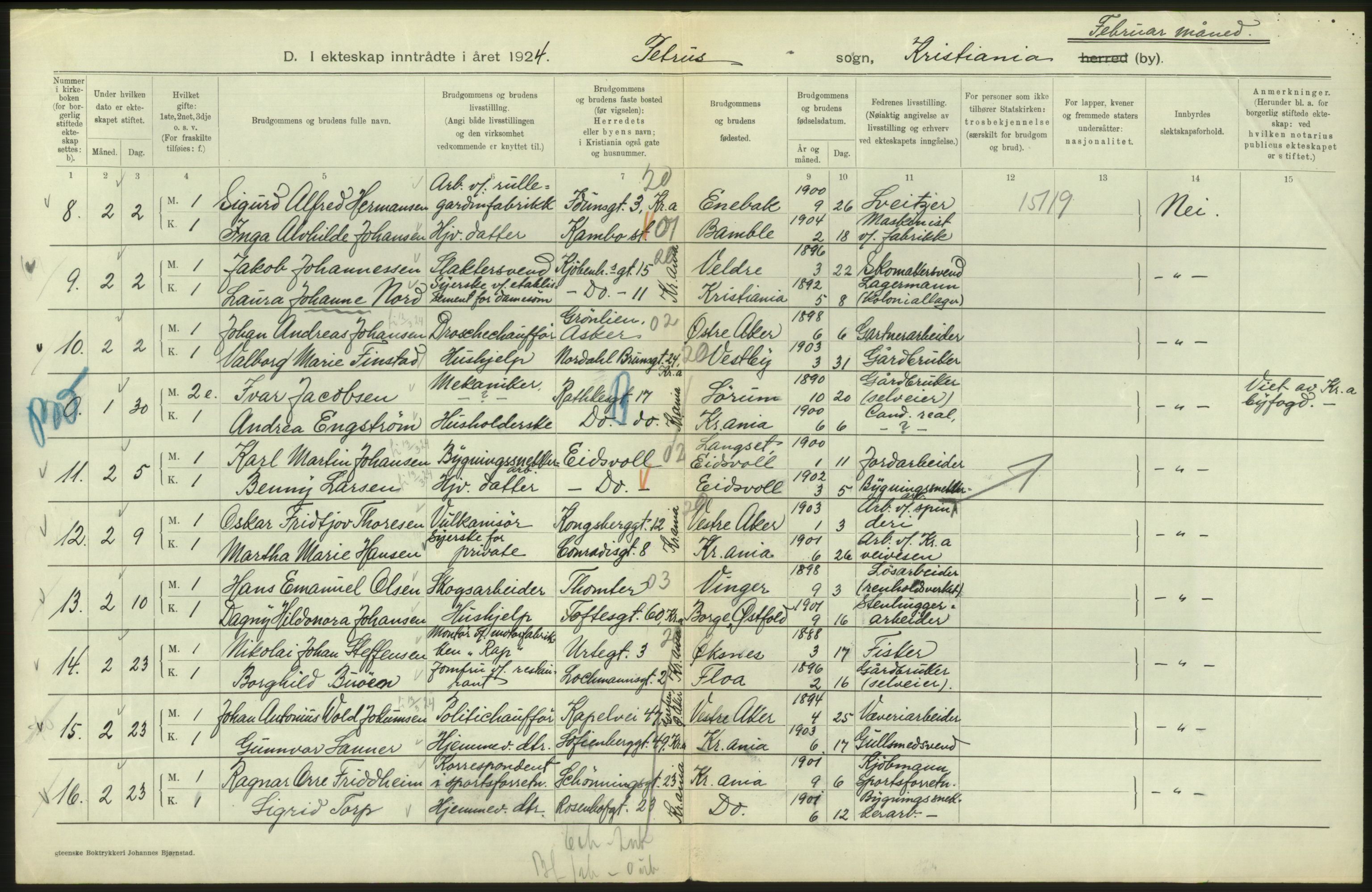 Statistisk sentralbyrå, Sosiodemografiske emner, Befolkning, AV/RA-S-2228/D/Df/Dfc/Dfcd/L0007: Kristiania: Gifte, 1924, p. 398