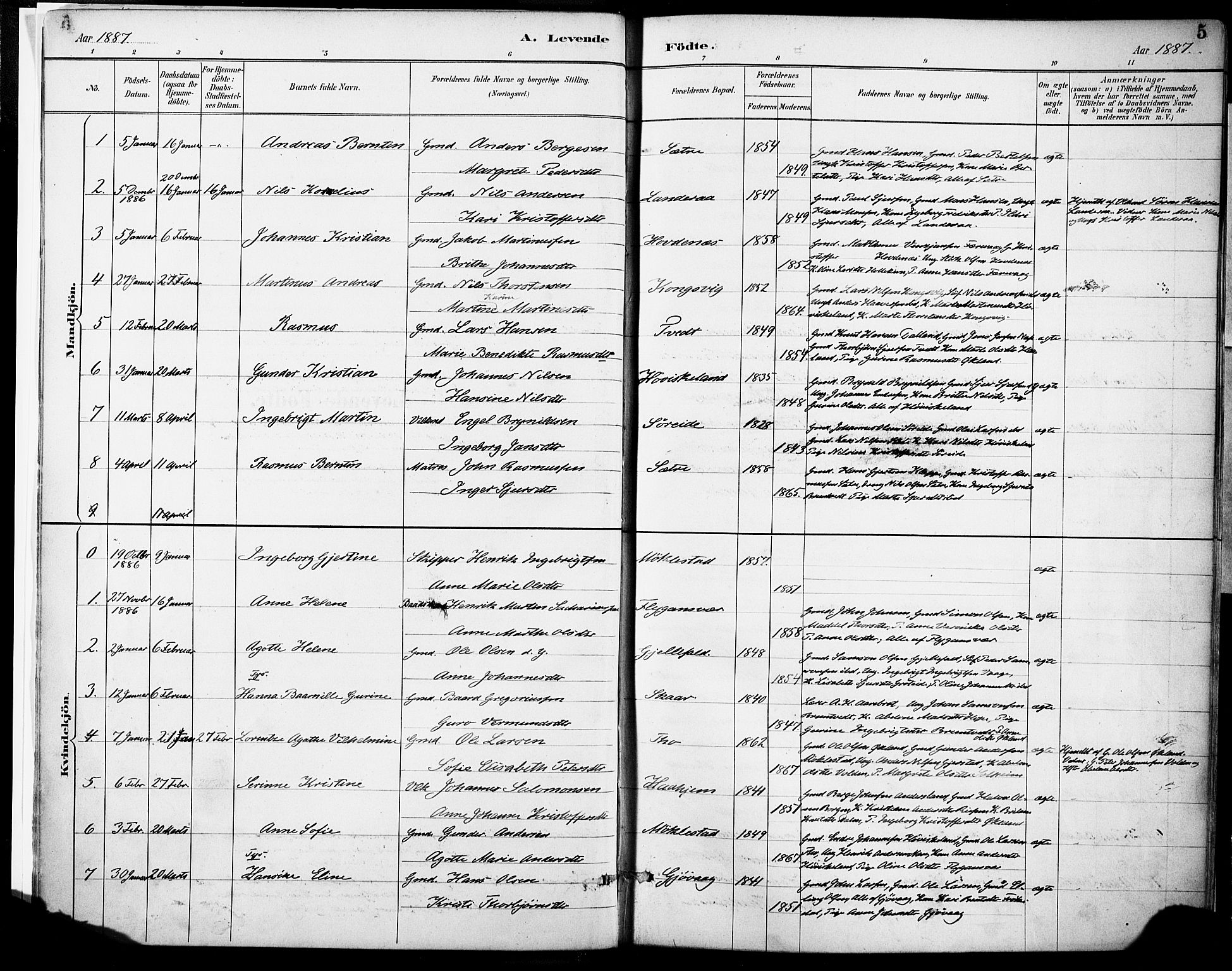 Tysnes sokneprestembete, SAB/A-78601/H/Haa: Parish register (official) no. D 1, 1887-1904, p. 5