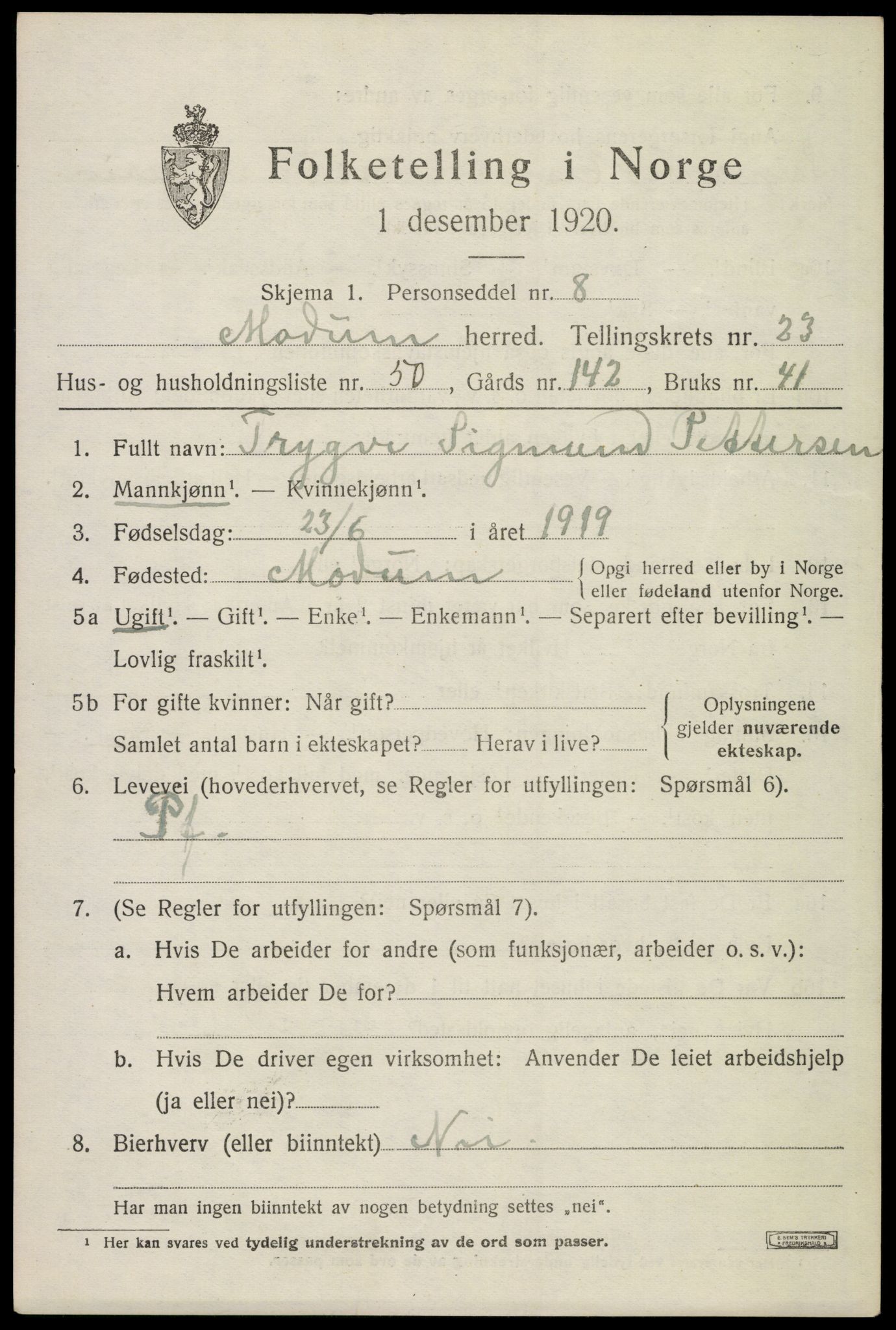 SAKO, 1920 census for Modum, 1920, p. 24289