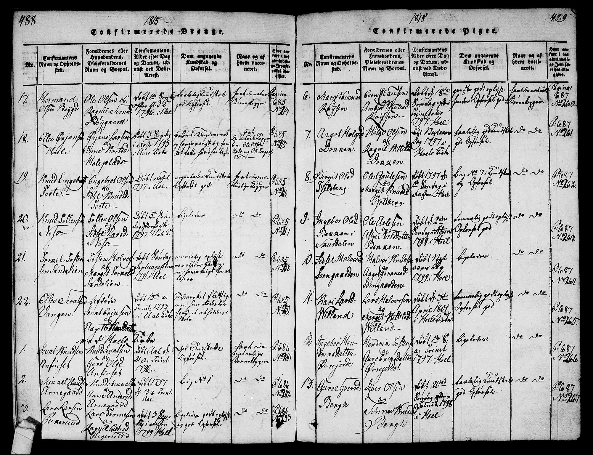 Ål kirkebøker, AV/SAKO-A-249/G/Ga/L0001: Parish register (copy) no. 1, 1815-1829, p. 488-489