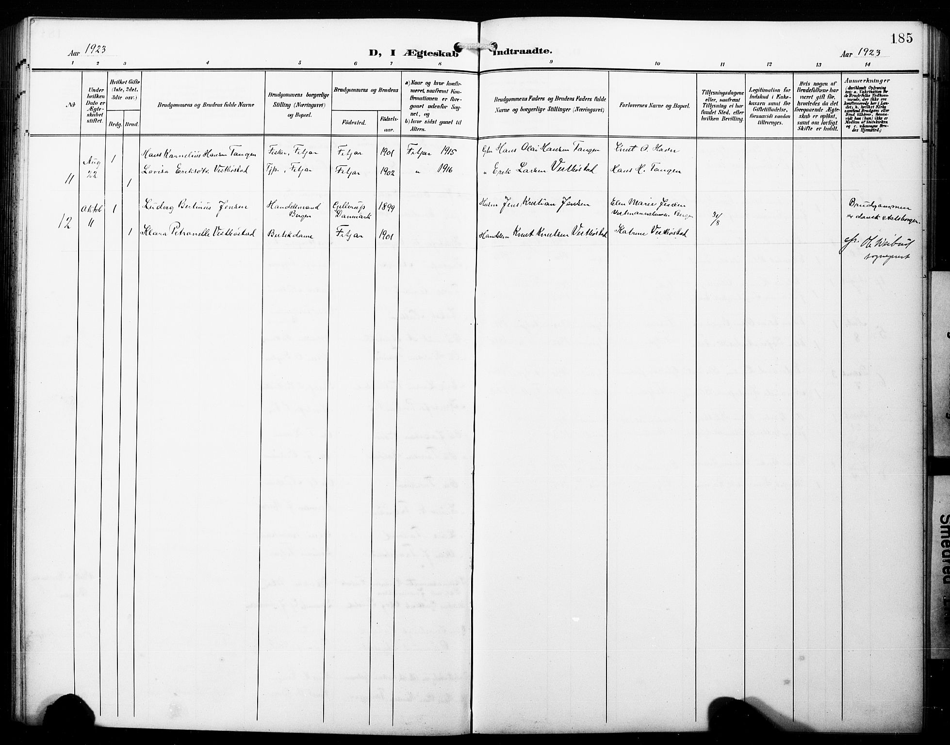 Fitjar sokneprestembete, SAB/A-99926: Parish register (copy) no. B 1, 1906-1928, p. 185