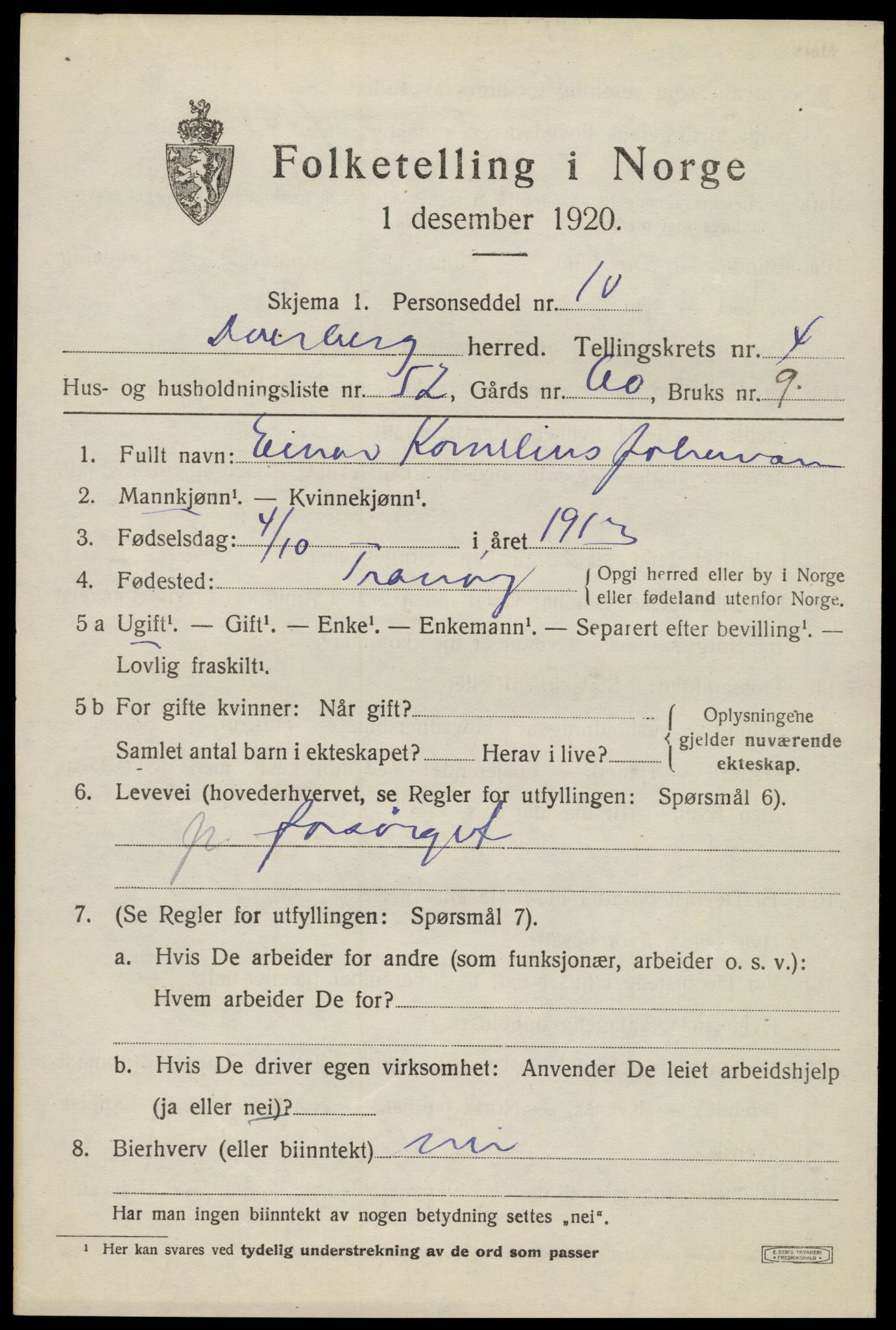 SAT, 1920 census for Dverberg, 1920, p. 5854