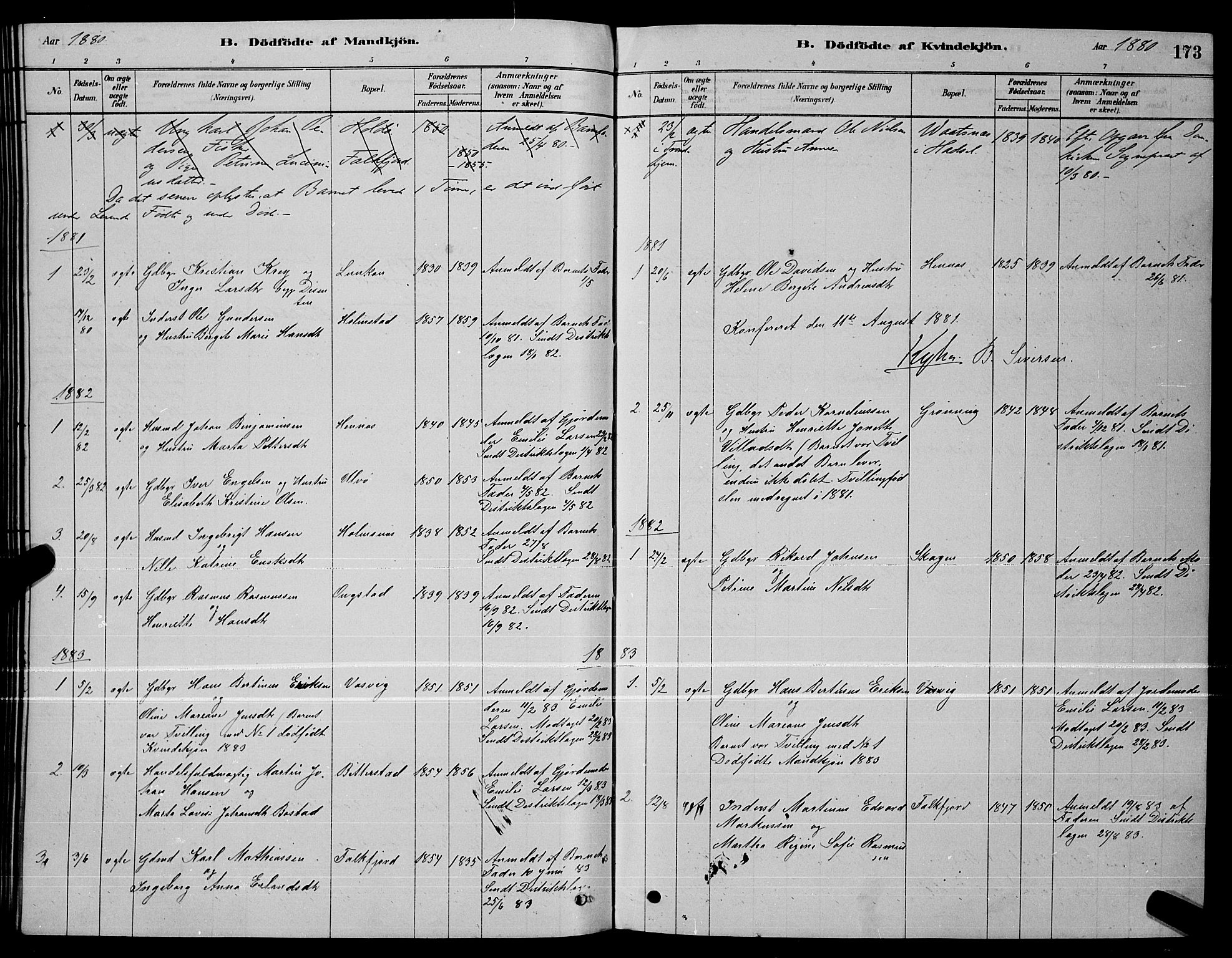 Ministerialprotokoller, klokkerbøker og fødselsregistre - Nordland, AV/SAT-A-1459/888/L1267: Parish register (copy) no. 888C05, 1878-1890, p. 173