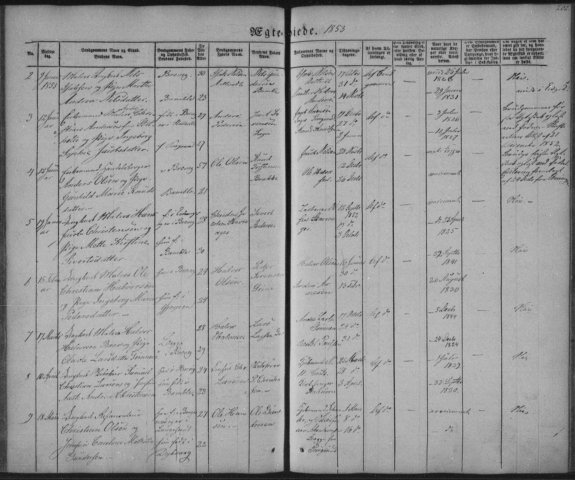 Brevik kirkebøker, AV/SAKO-A-255/F/Fa/L0005: Parish register (official) no. 5, 1847-1865, p. 202