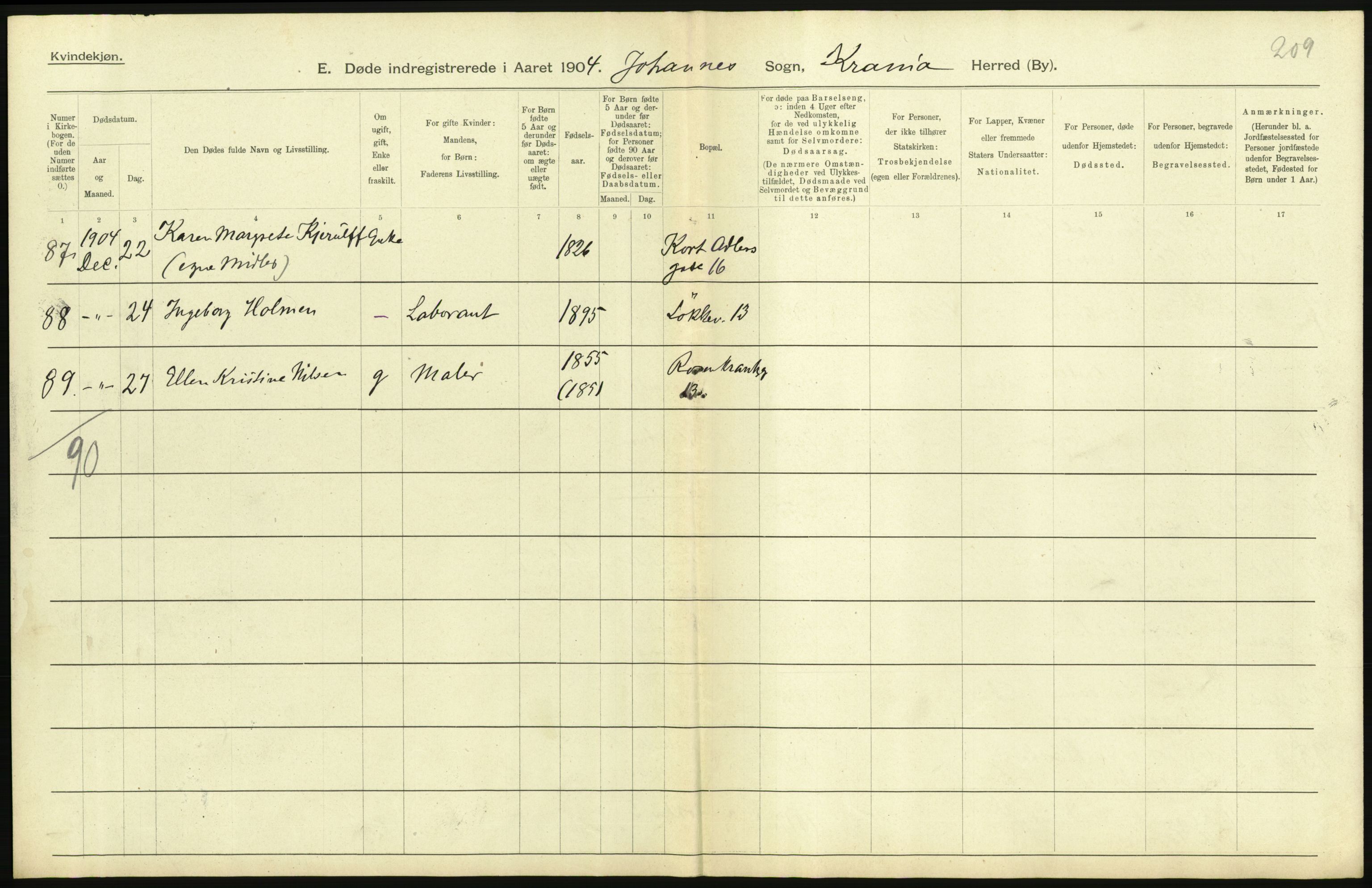 Statistisk sentralbyrå, Sosiodemografiske emner, Befolkning, RA/S-2228/D/Df/Dfa/Dfab/L0004: Kristiania: Gifte, døde, 1904, p. 453