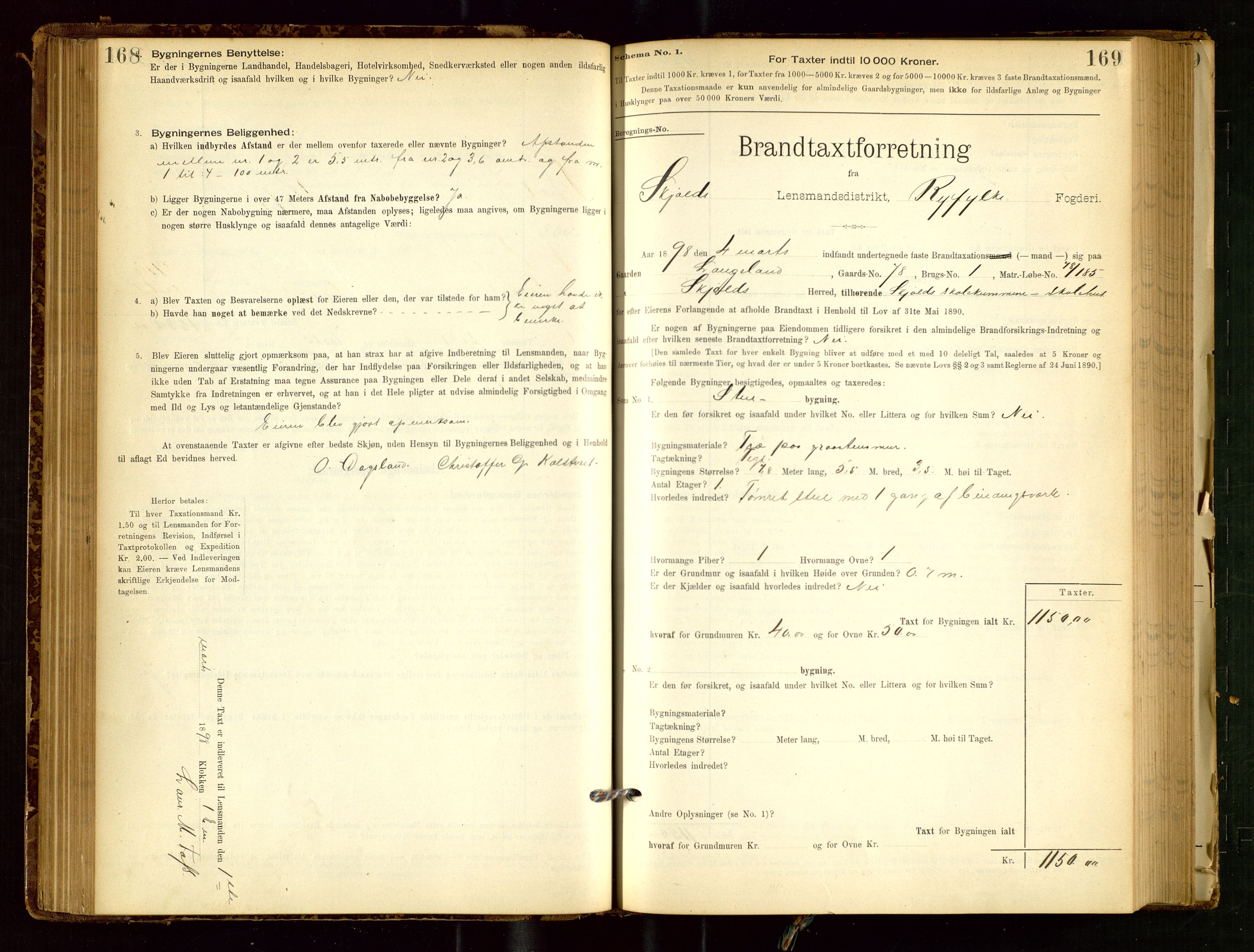 Skjold lensmannskontor, AV/SAST-A-100182/Gob/L0001: "Brandtaxationsprotokol for Skjold Lensmandsdistrikt Ryfylke Fogderi", 1894-1939, p. 168-169